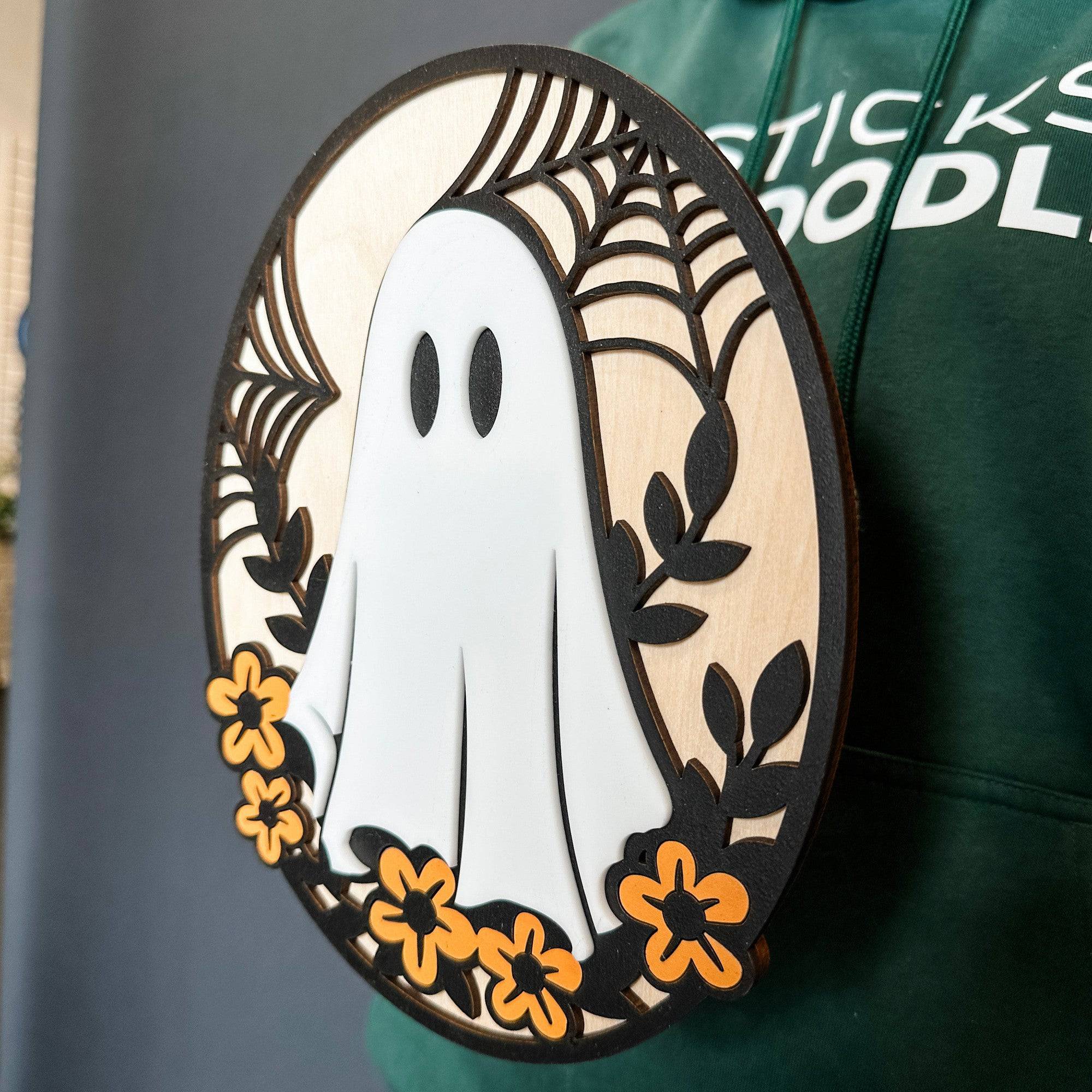 Hippie Ghost • Layered Wood Ornament or Mini Sign • For Halloween