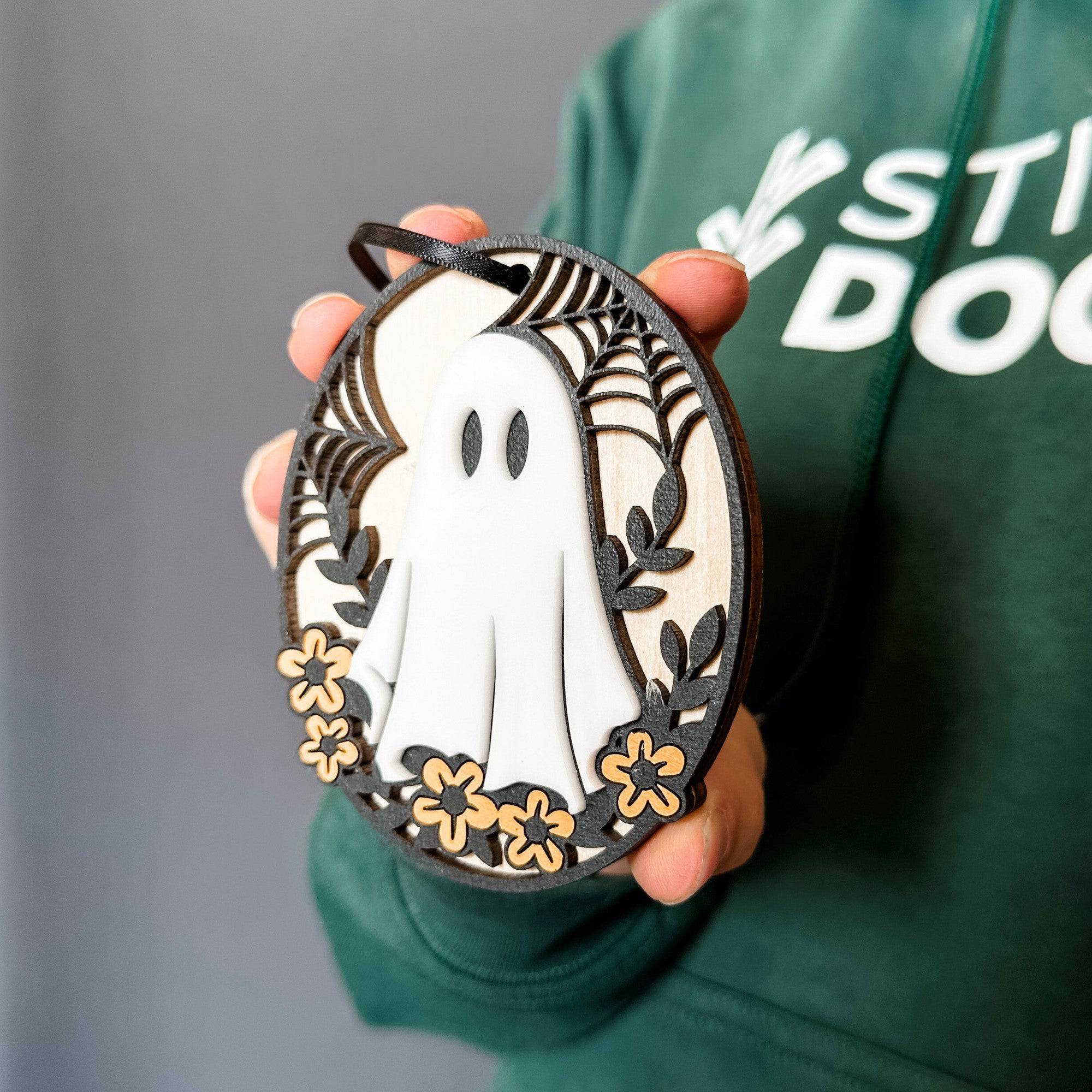 Hippie Ghost • Layered Wood Ornament or Mini Sign • For Halloween