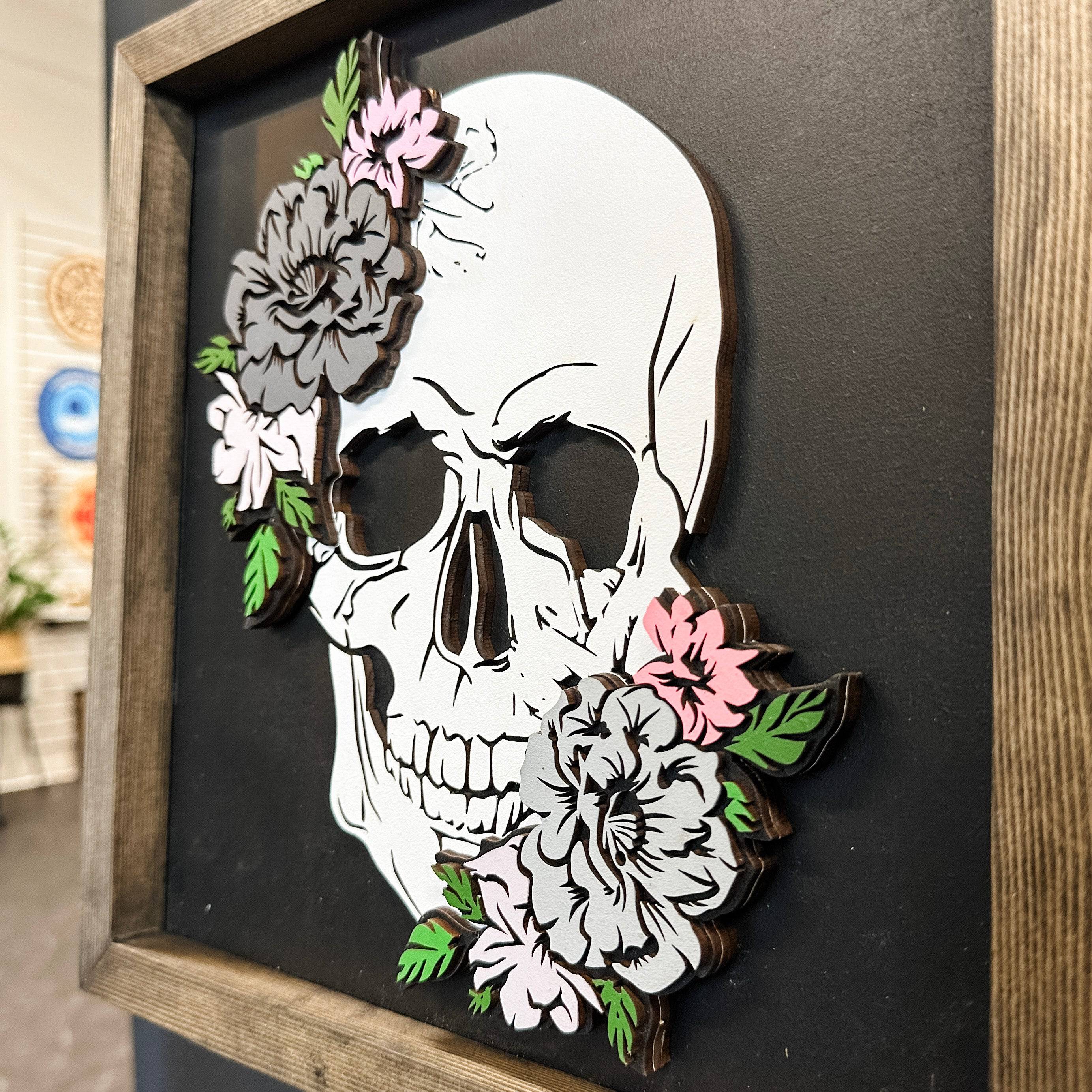 The Skull & Petal • Layered Wood Framed Sign • Gothic Decor & Halloween