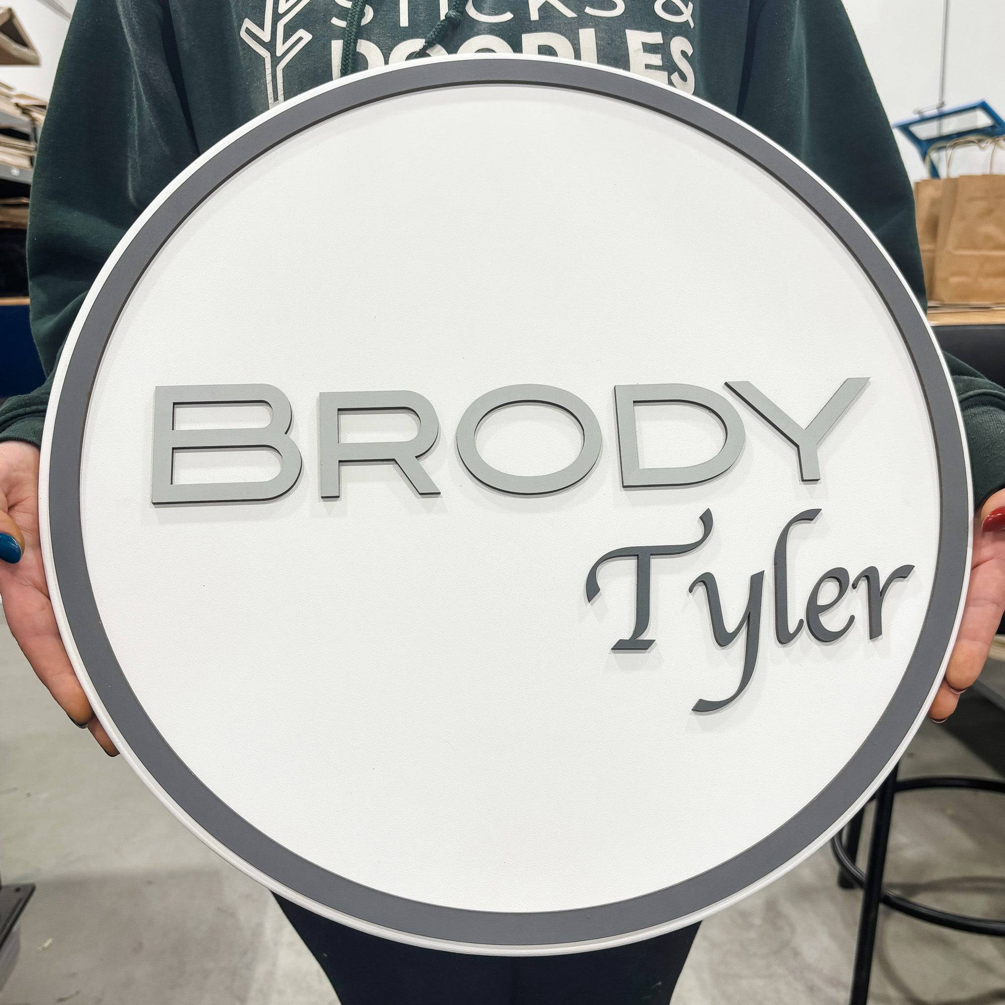 The Classic Custom Round Name Sign - Sticks & Doodles