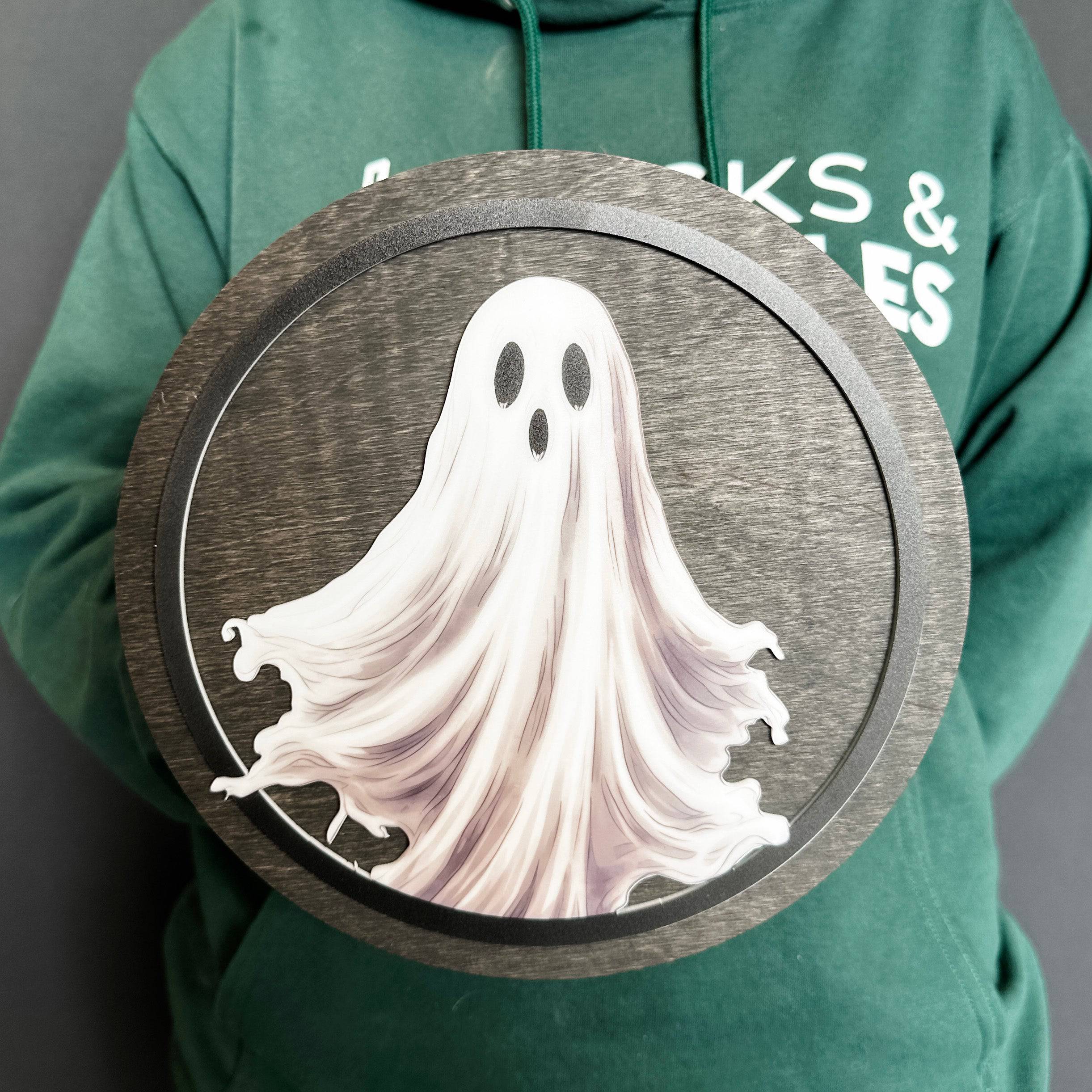 Classic Ghost • Wood & Acrylic Round Mini Sign • Halloween Decoration