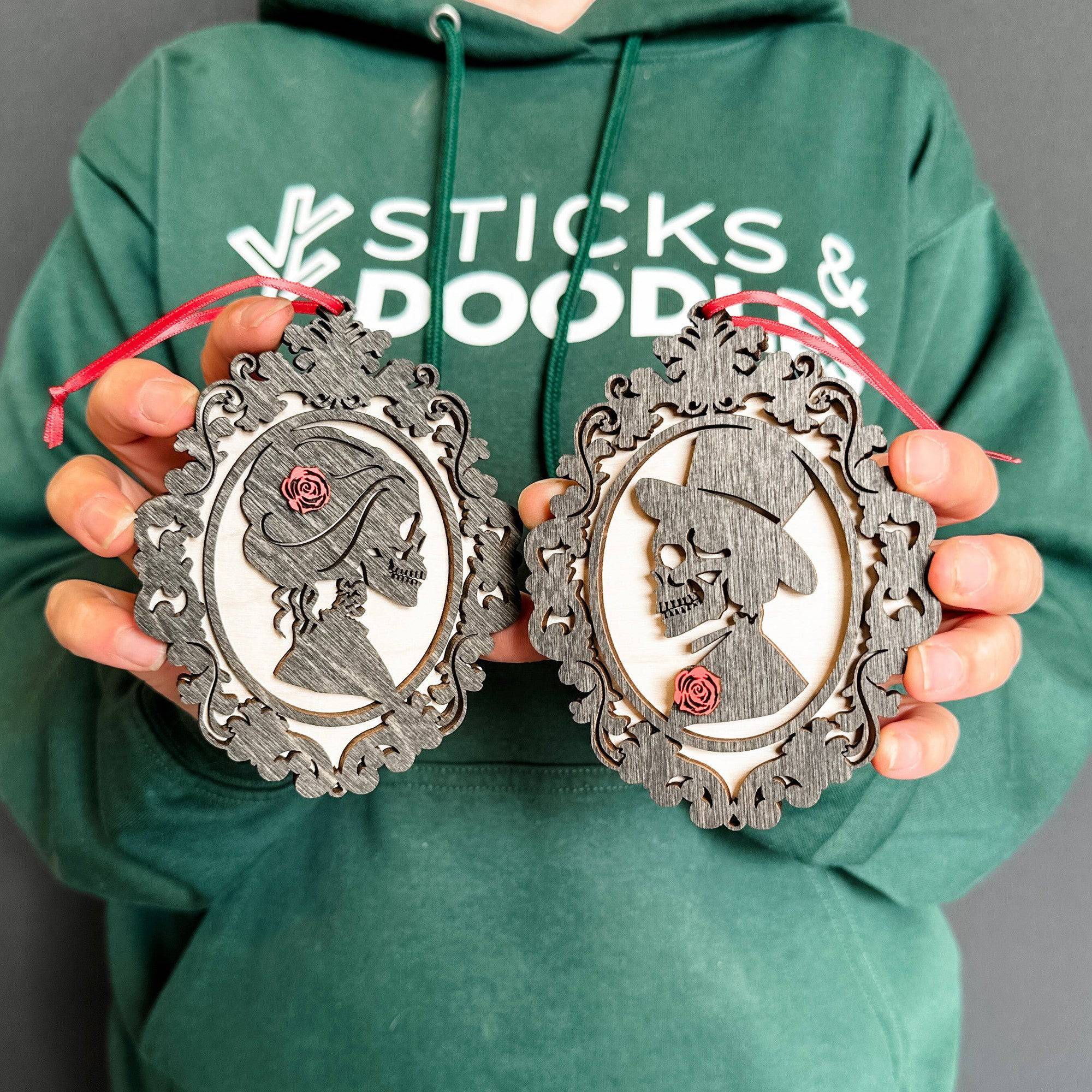 Victorian Skeleton Couple • Layered Wood Ornaments • Gothic Decor & Halloween