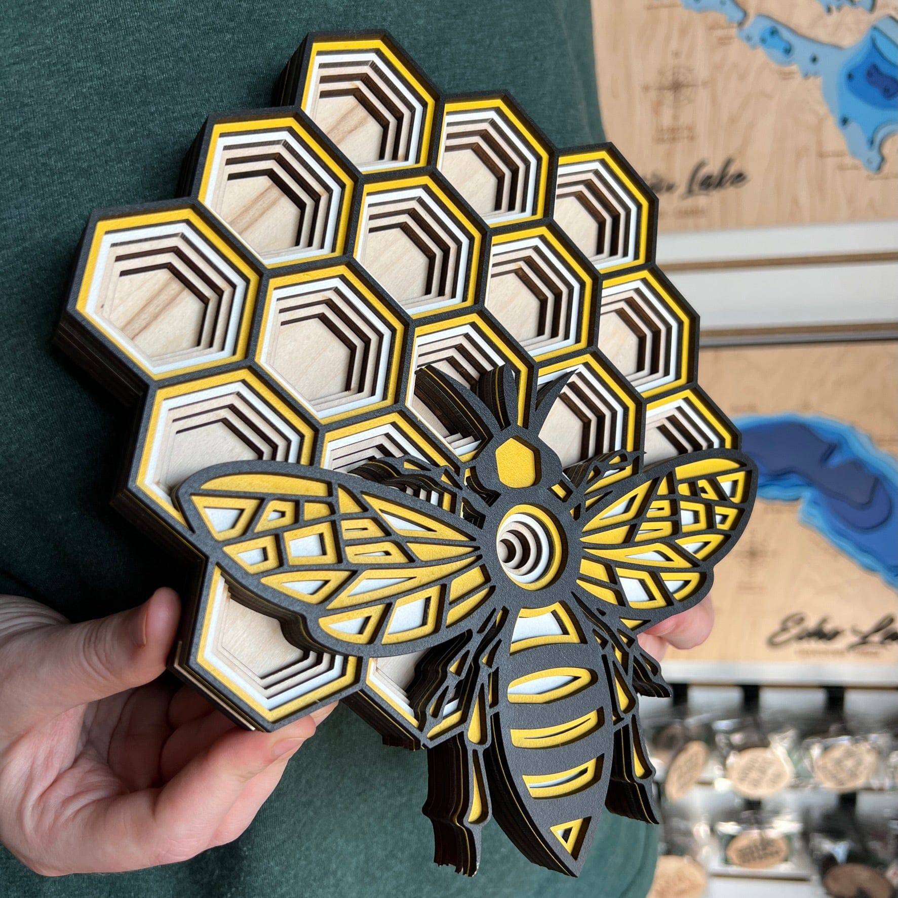 Bee and Honeycomb Multilayer Wood Art - Sticks & Doodles