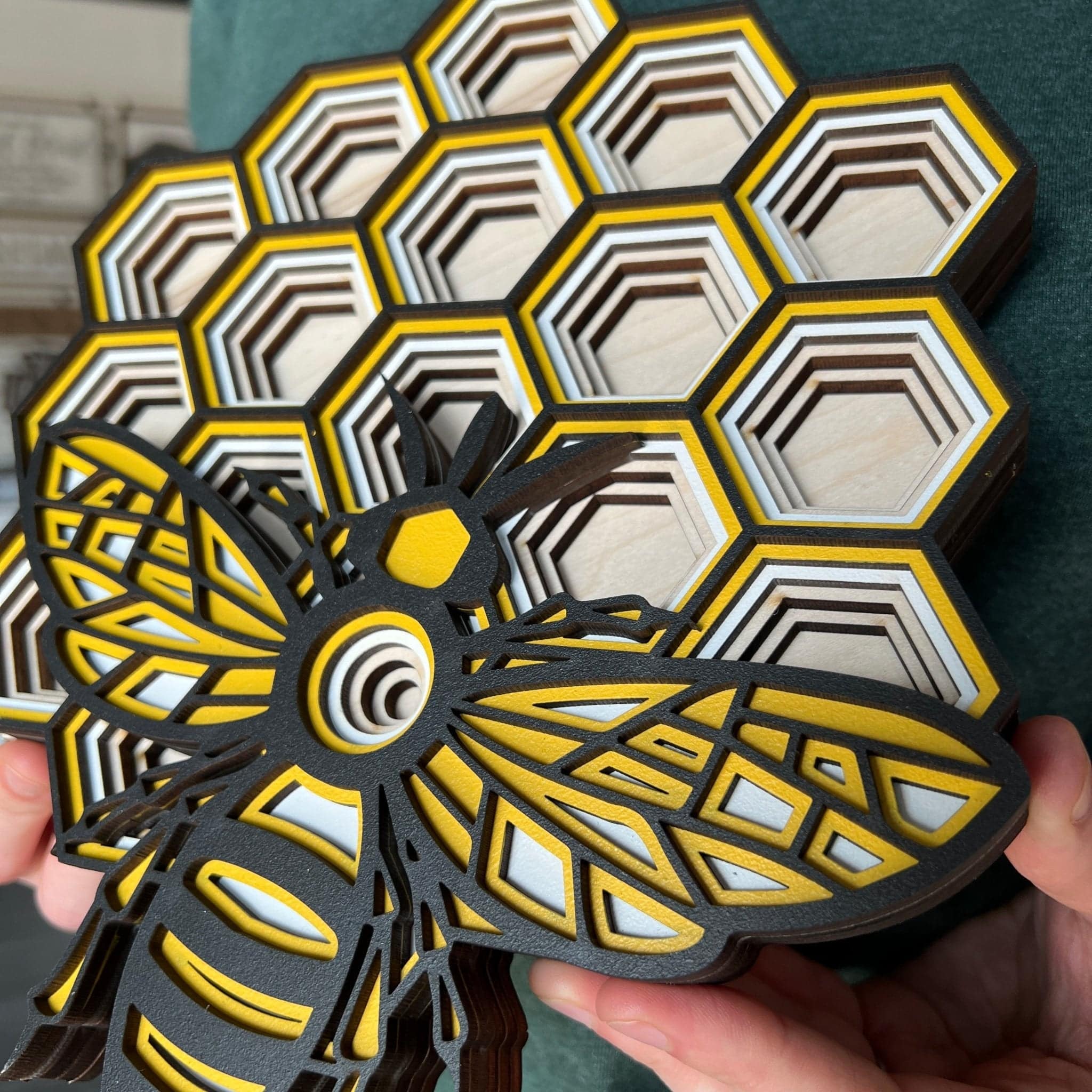 Bee and Honeycomb Multilayer Wood Art - Sticks & Doodles