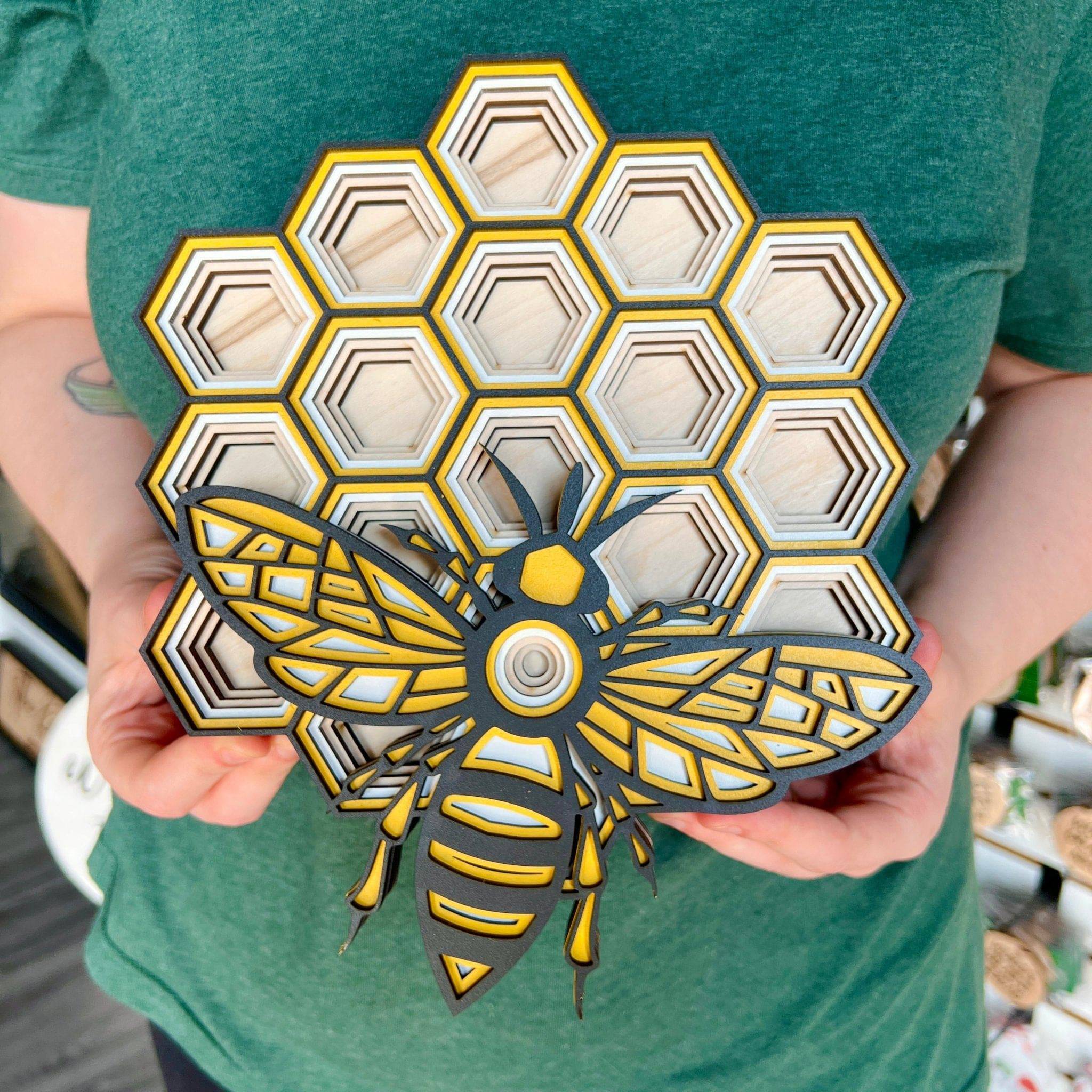 Bee and Honeycomb Multilayer Wood Art - Sticks & Doodles