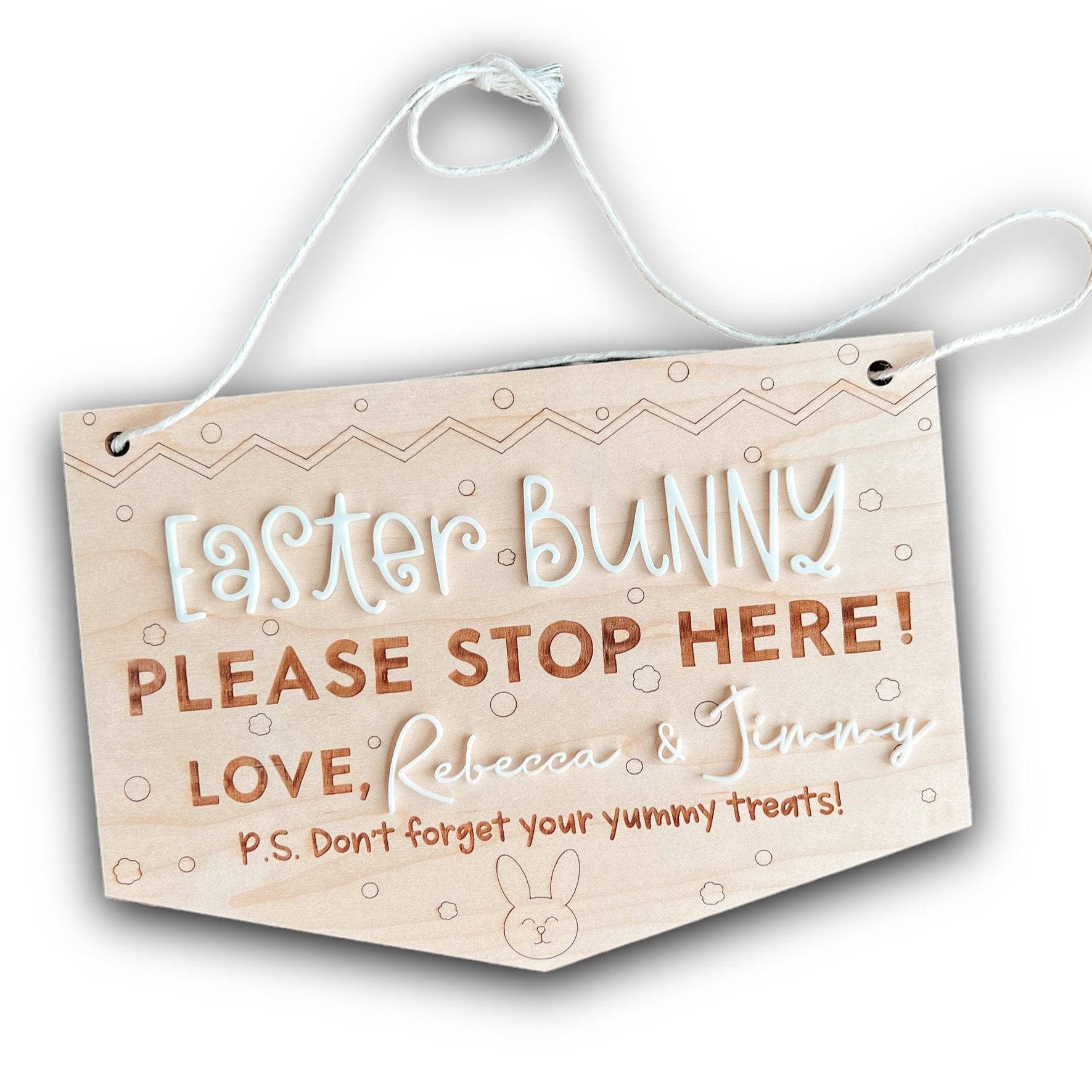 Easter Bunny Please Stop Here Personalized Wood Sign - Sticks & Doodles