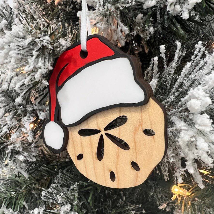 Festive Sand Dollar with Santa Hat 3D Wood & Acrylic Ornament - Sticks & Doodles