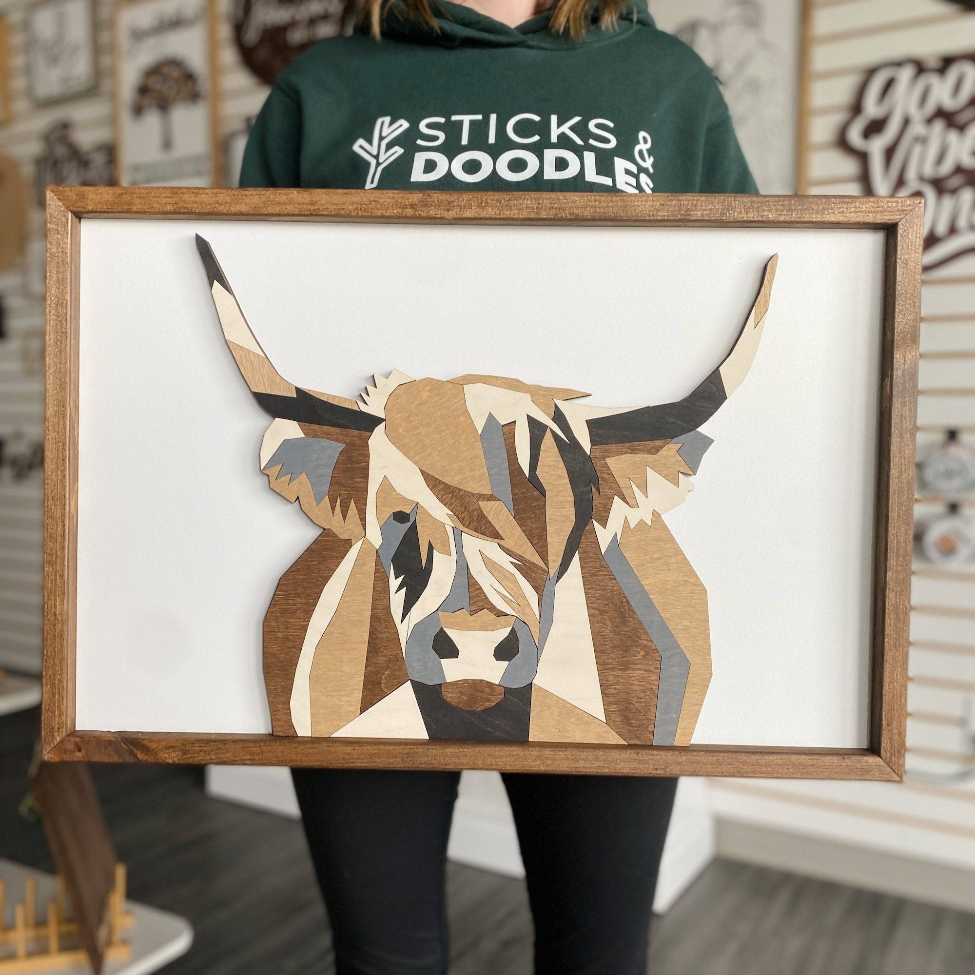 Highland Cow 3D Multilayer Wood Sign - Sticks & Doodles