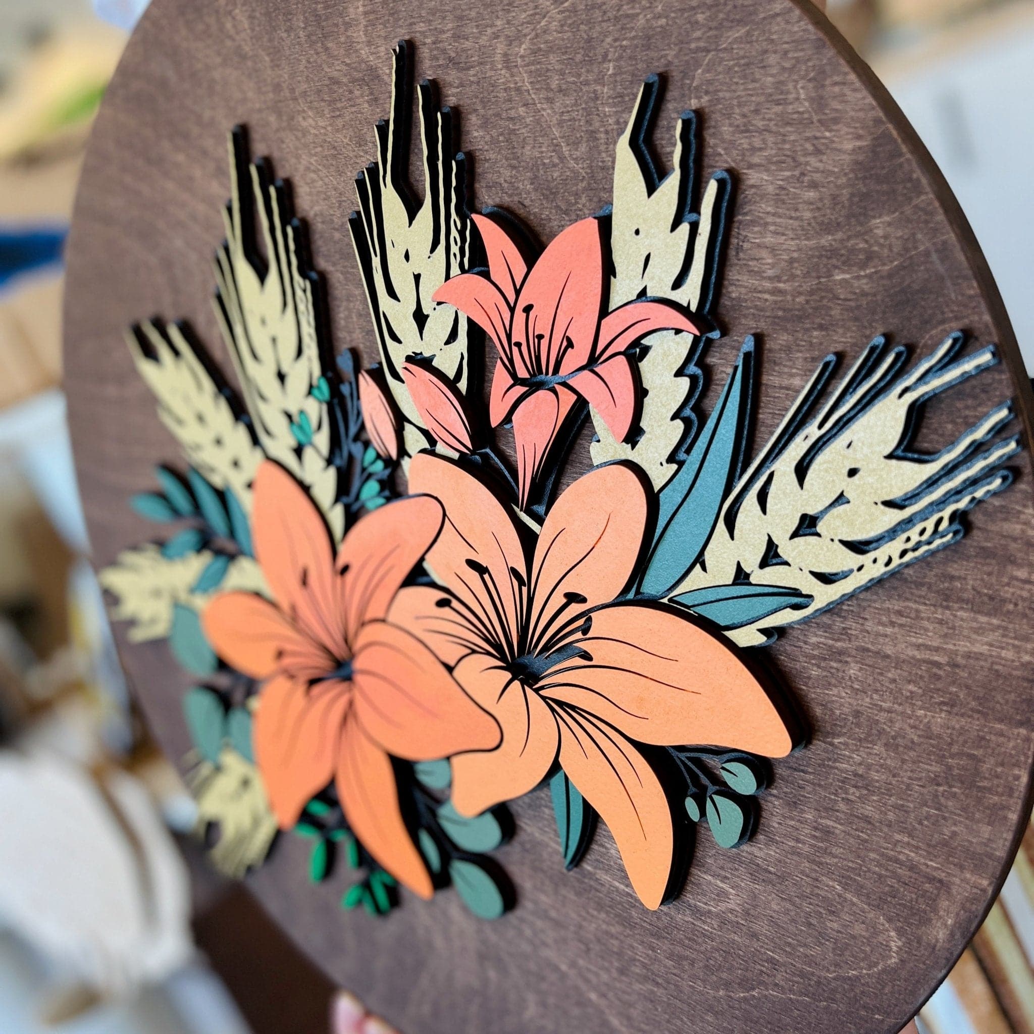 Lily & Wheat Multilayered 3D Wood Sign - Sticks & Doodles