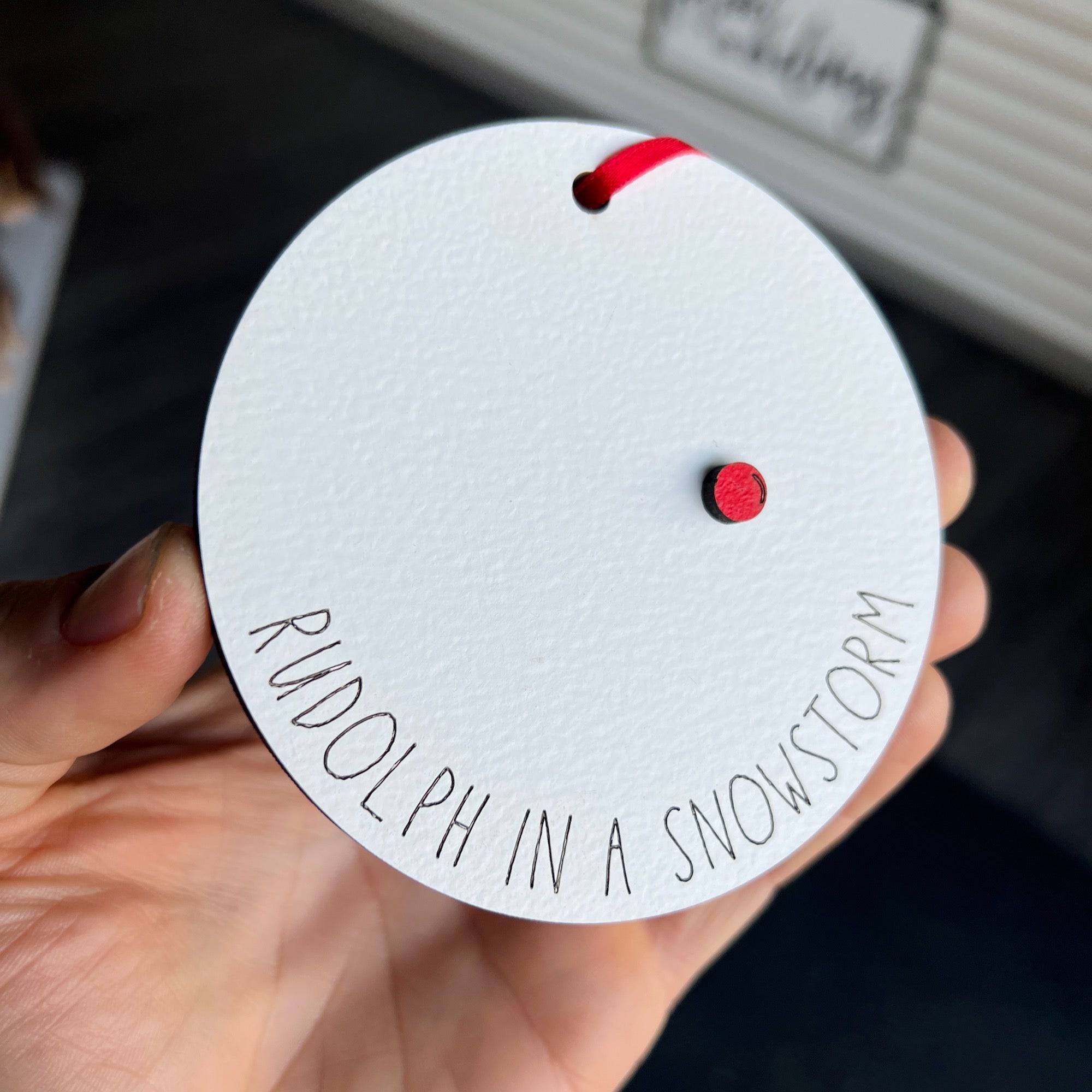 Rudolph in a Snowstorm Ornament - Sticks & Doodles