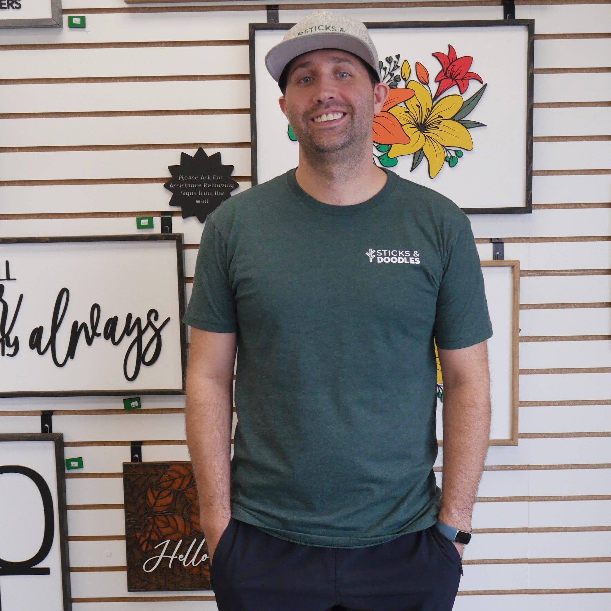 Sticks & Doodles Green T-Shirt - Double Sided Logo - Sticks & Doodles