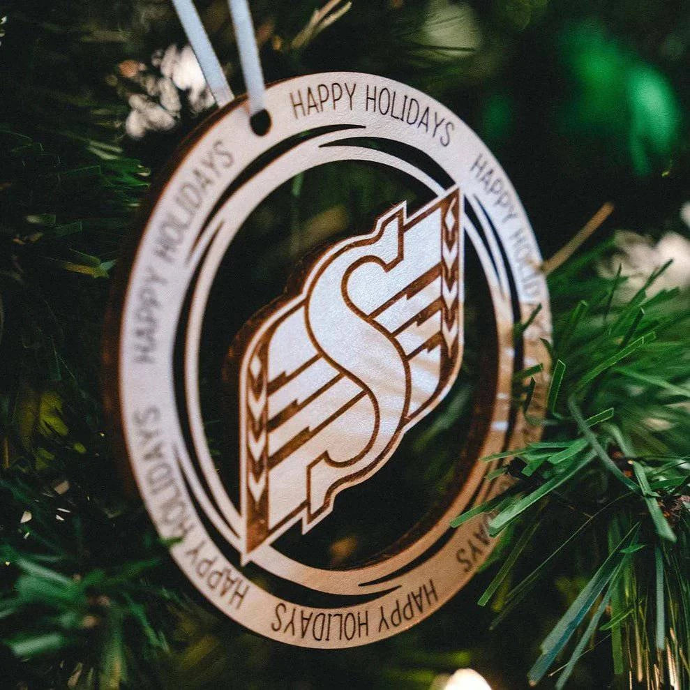 Sticks & Doodles x Saskatchewan Roughriders Engraved Happy Holidays Collectors Ornament - Sticks & Doodles