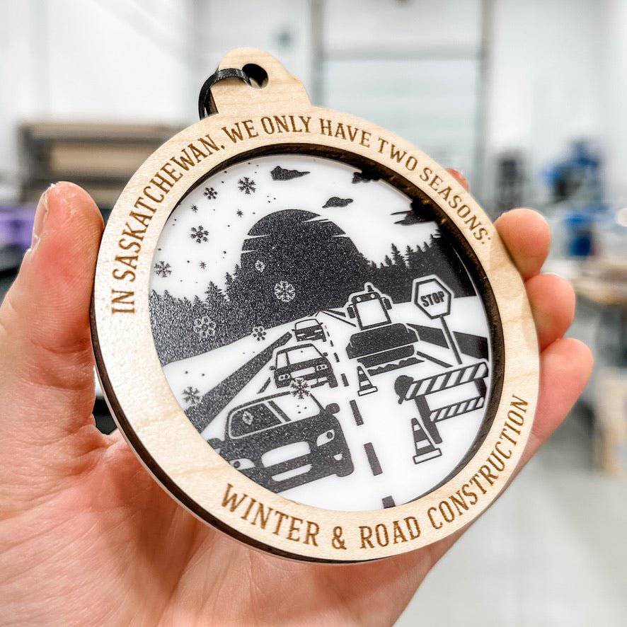 Two Seasons, Winter & Road Construction Wood & Acrylic Ornament - Sticks & Doodles