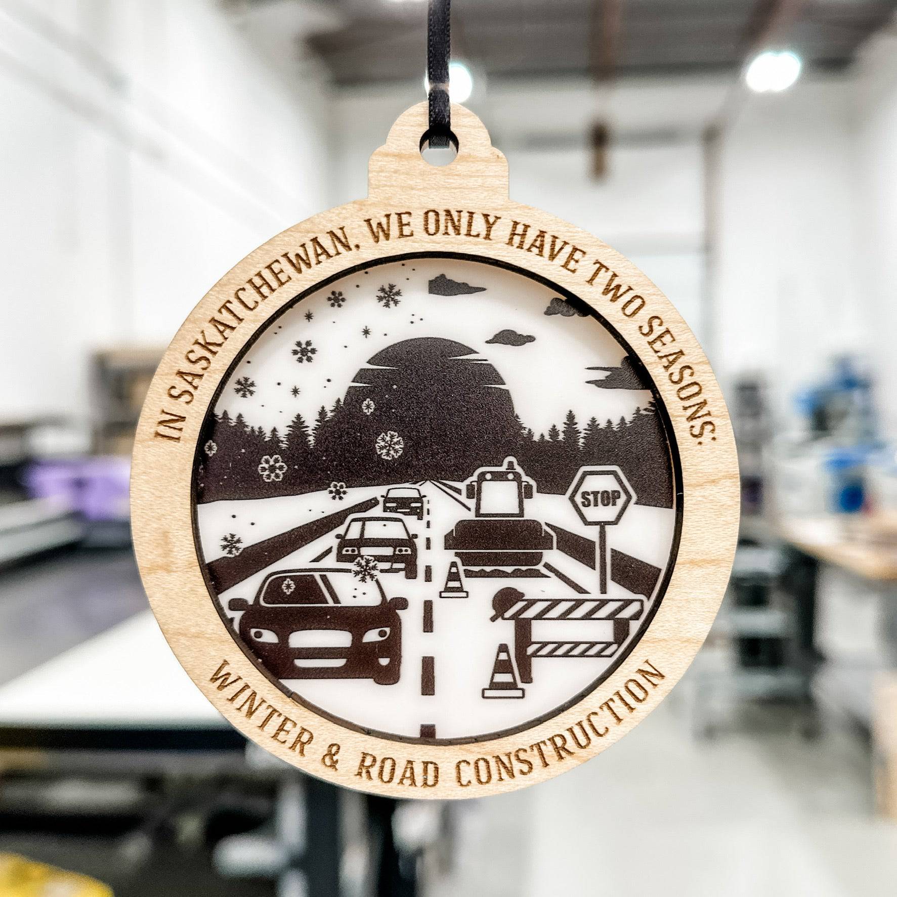 Two Seasons, Winter & Road Construction Wood & Acrylic Ornament - Sticks & Doodles