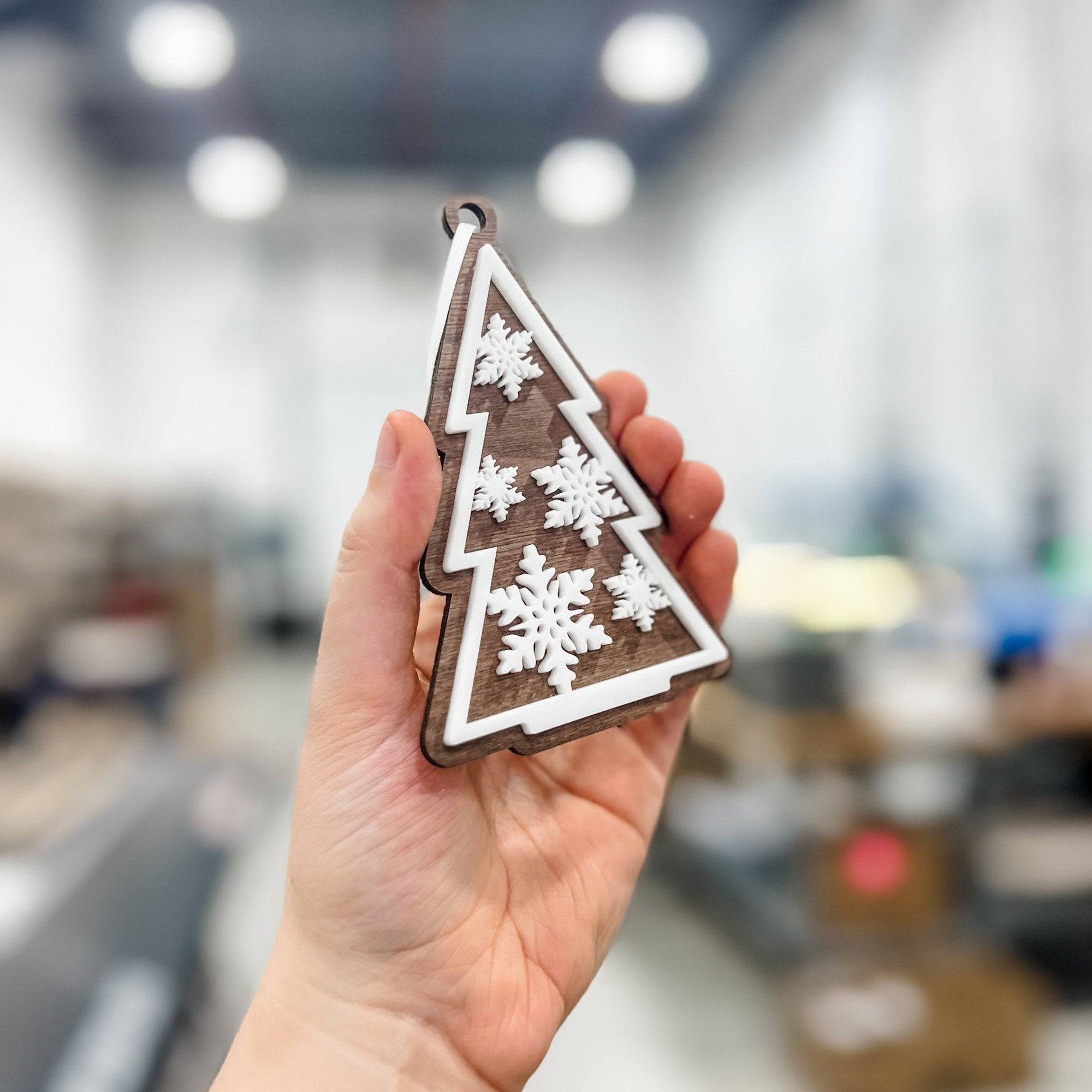 Walnut Christmas Tree 3D Wood Ornament Set - Sticks & Doodles