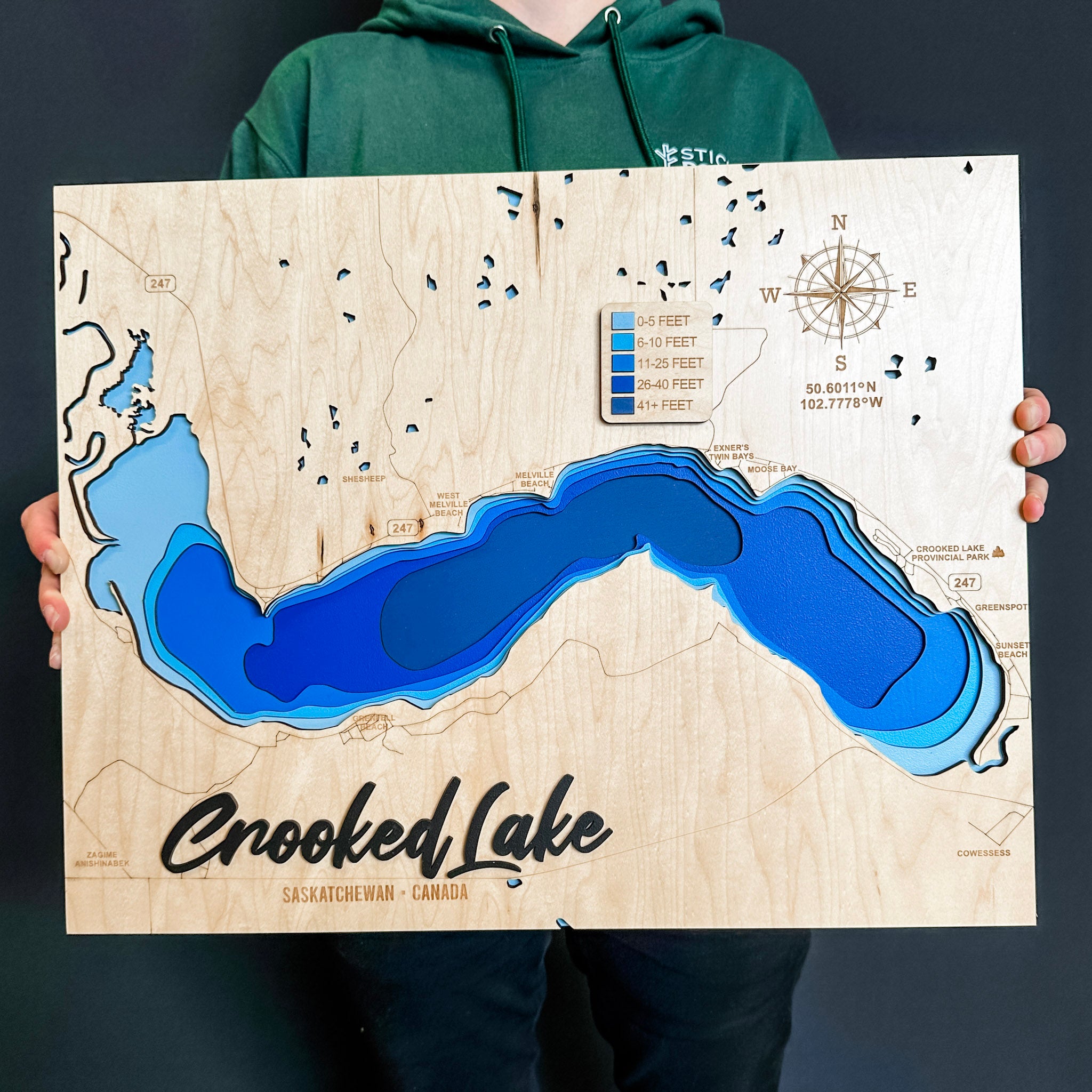Crooked Lake Map • Bathymetric Layered Wood Depth Map • For Lake Lovers