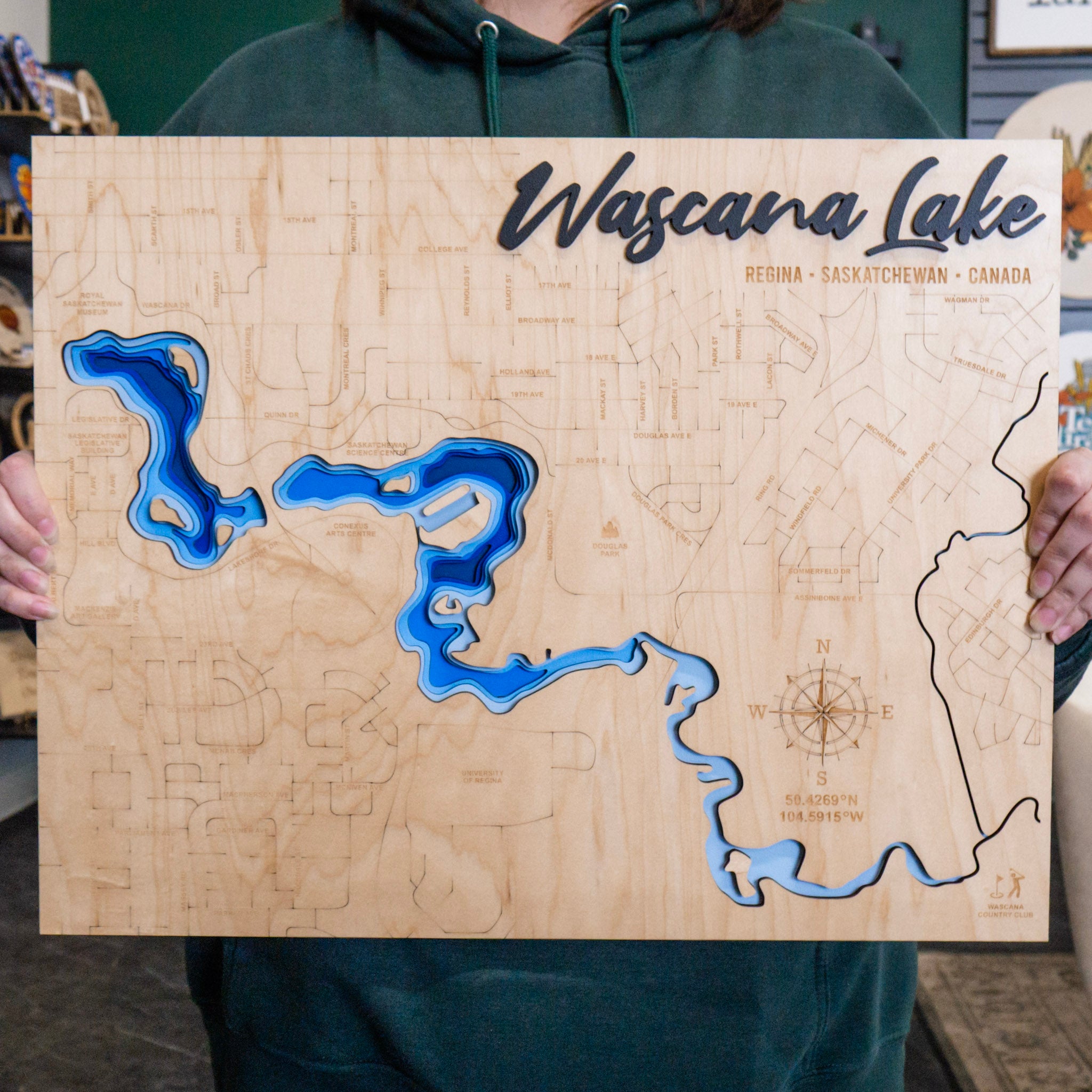 Wascana Lake Map • Bathymetric Layered Wood Depth Map • For Lake Lovers