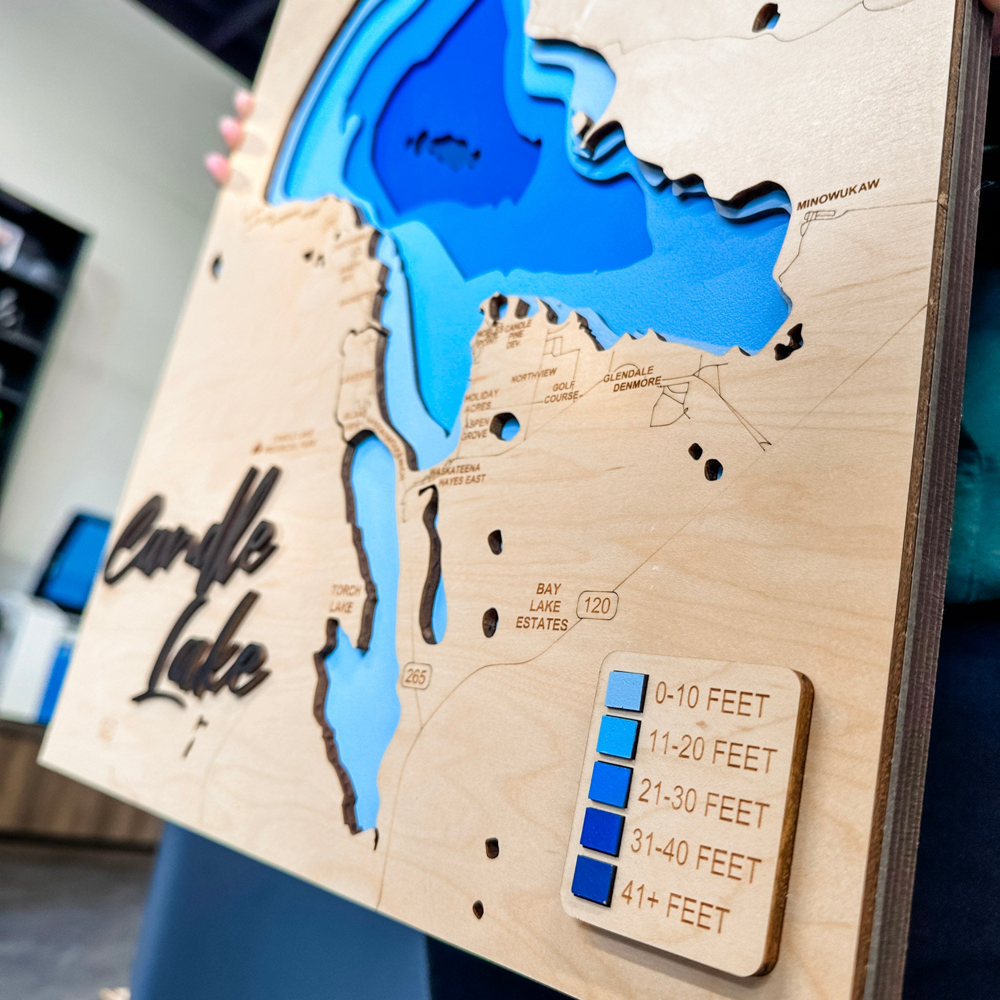 Candle Lake Map • Bathymetric Layered Wood Depth Map • For Lake Lovers