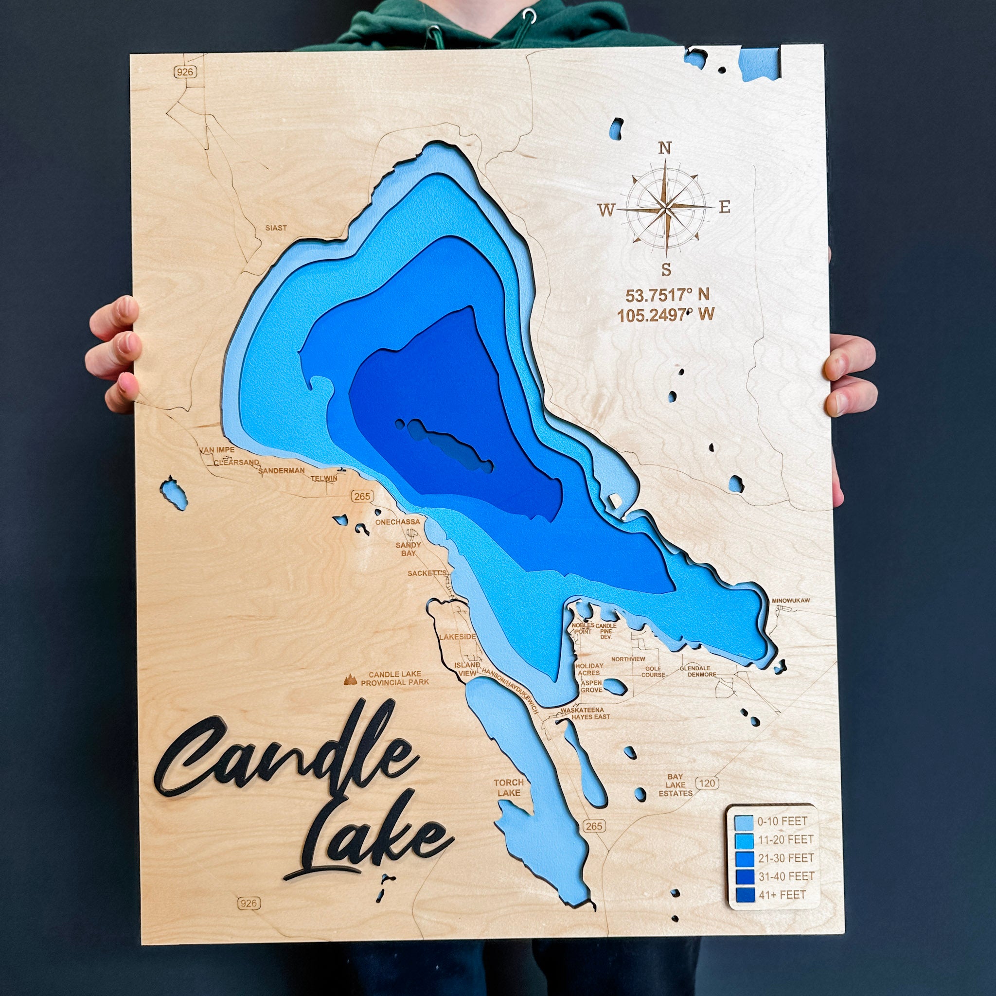Candle Lake Map • Bathymetric Layered Wood Depth Map • For Lake Lovers