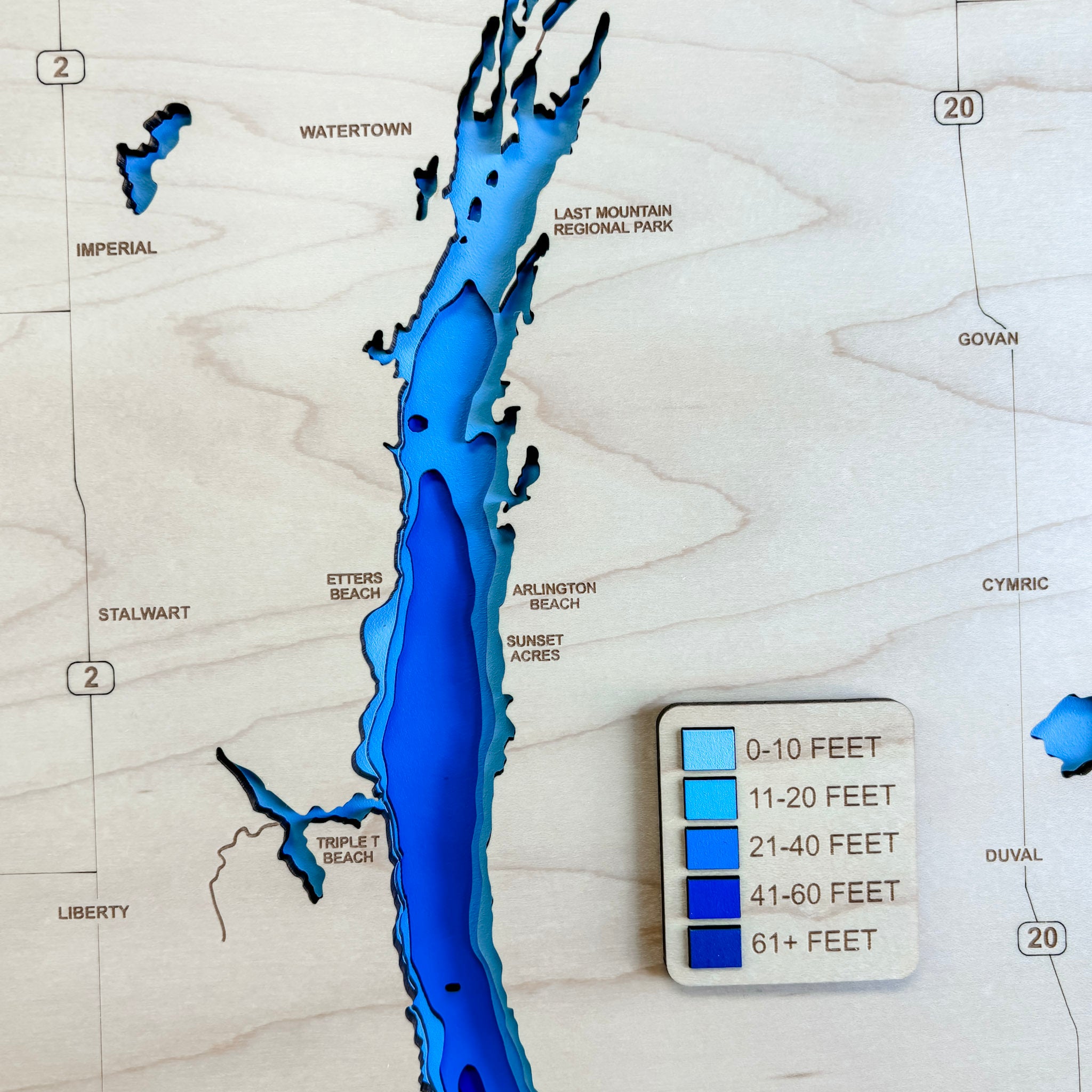 Last Mountain Lake Map • Bathymetric Layered Wood Depth Map of Long Lake • For Lake Lovers
