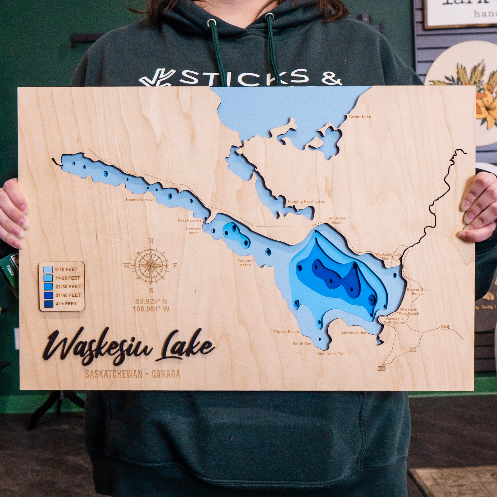 Waskesiu Lake Map • Bathymetric Layered Wood Depth Map • For Lake Lovers