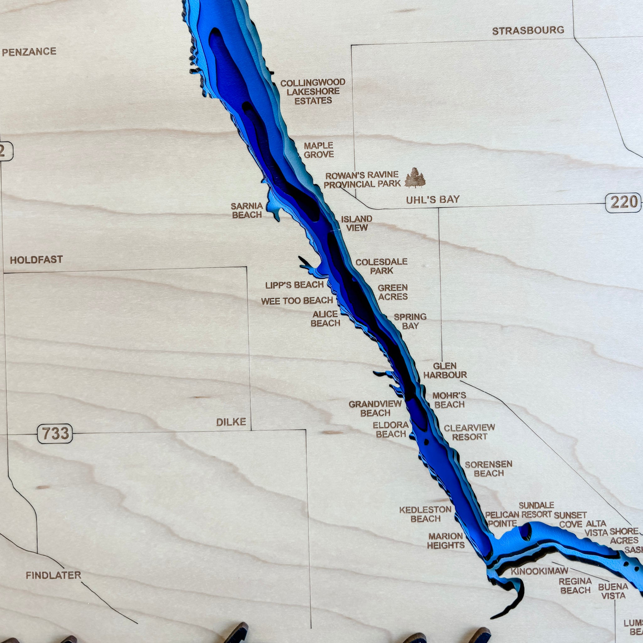 Last Mountain Lake Map • Bathymetric Layered Wood Depth Map of Long Lake • For Lake Lovers