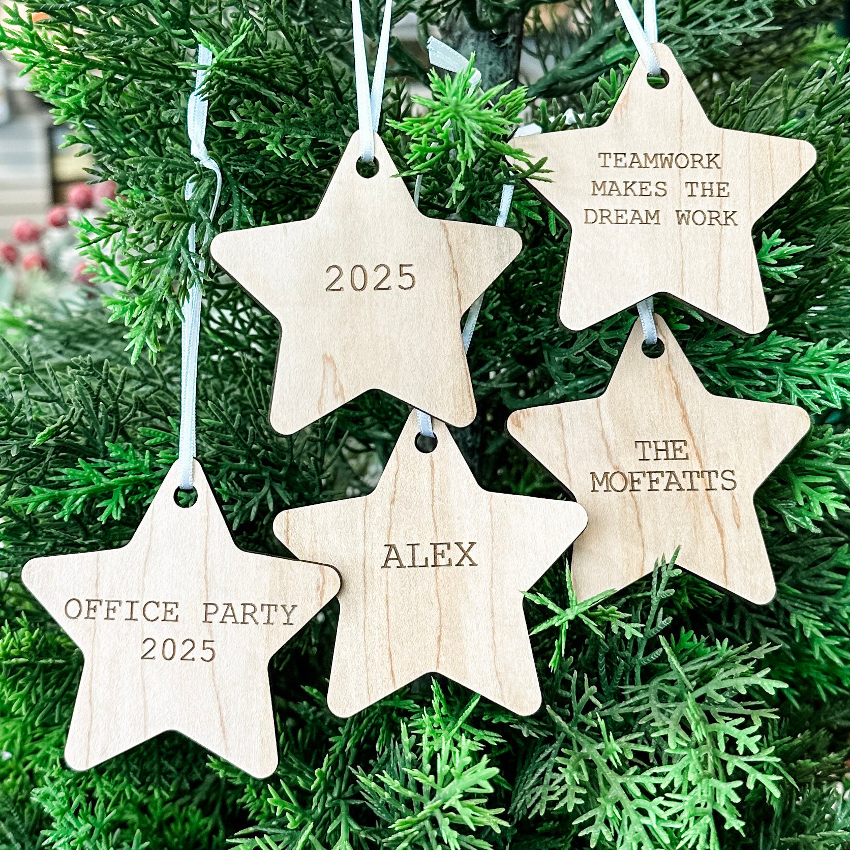 Group Order: Star Recognition Ornaments • Engraved Wood • Corporate Gifts & Team Appreciation