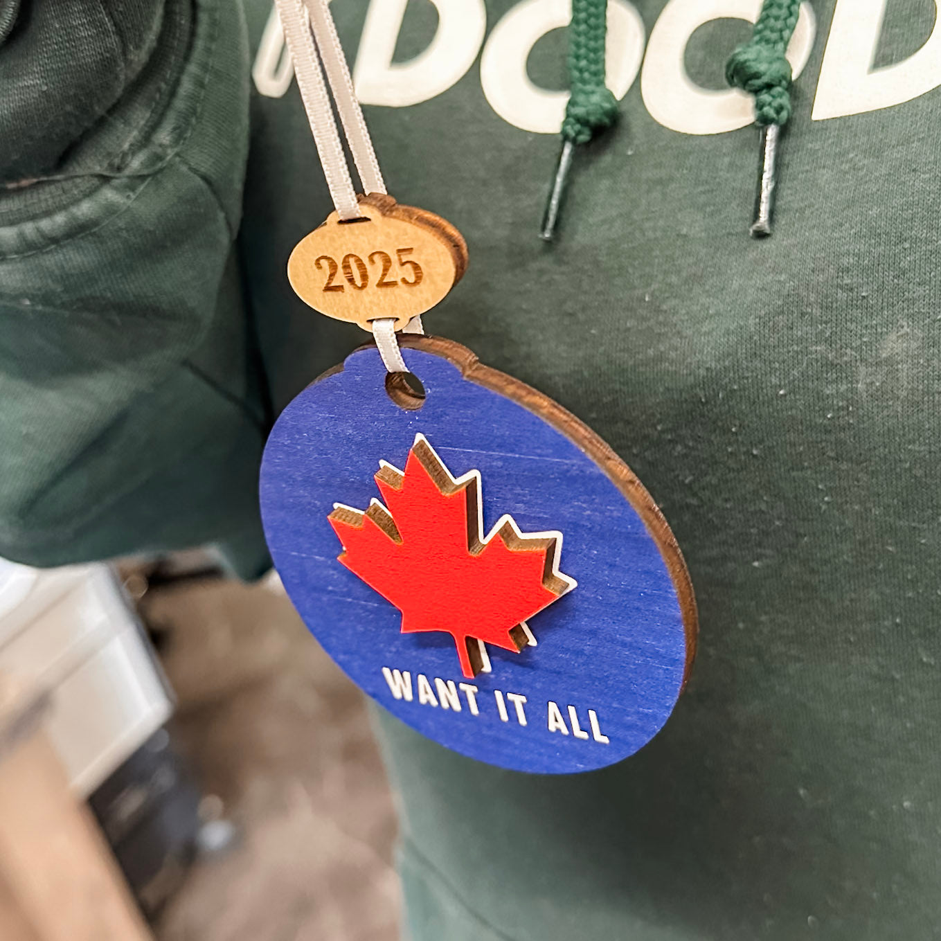 The Blue Maple Leaf • 3D Wood Ornament • For the Country that Cheers Together