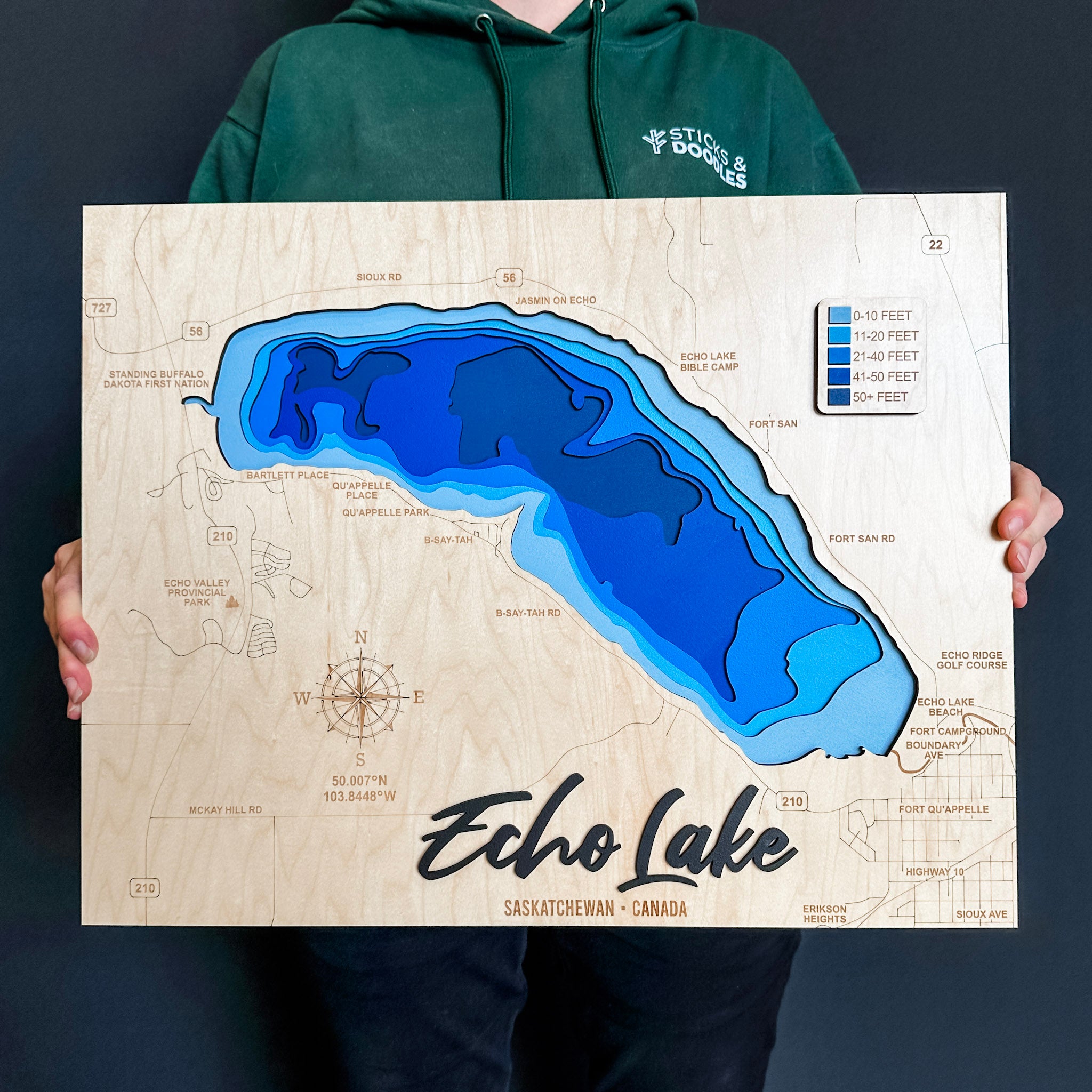 Echo Lake Map • Bathymetric Layered Wood Depth Map • For Lake Lovers