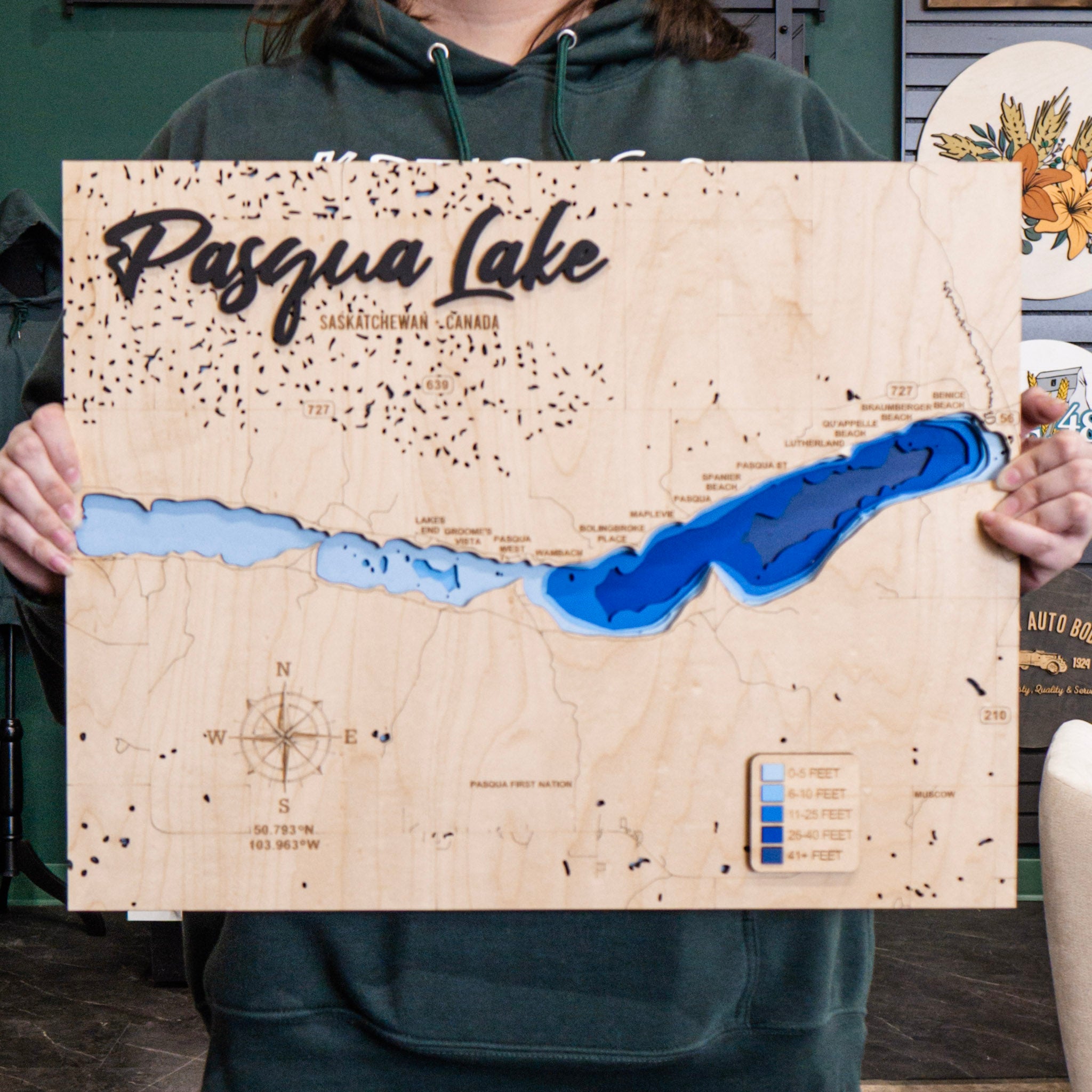 Pasqua Lake Map • Bathymetric Layered Wood Depth Map • For Lake Lovers