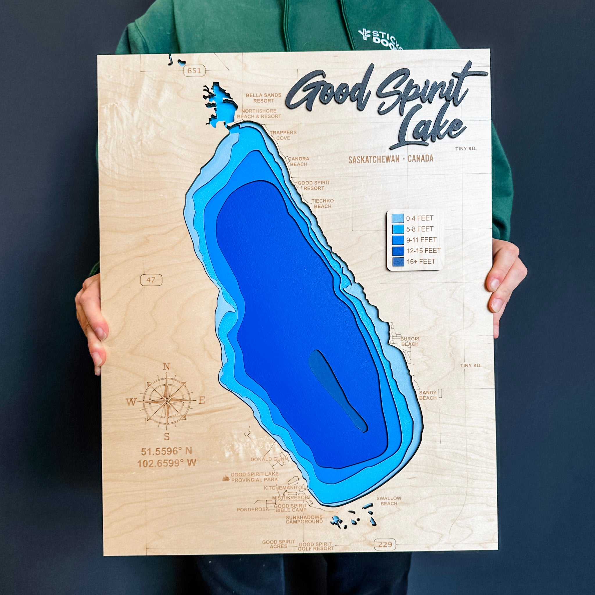 Good Spirit Lake Map • Bathymetric Layered Wood Depth Map • For Lake Lovers