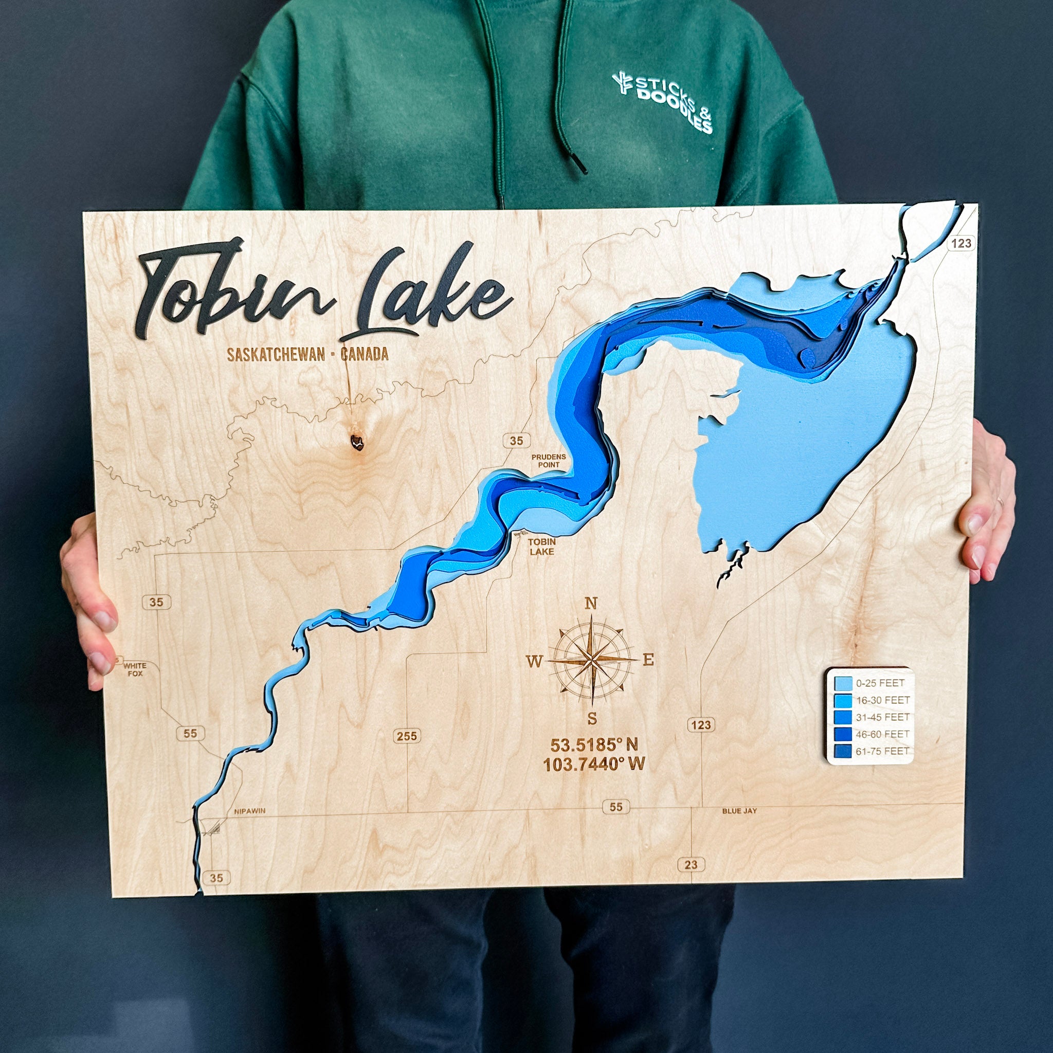 Tobin Lake Map • Bathymetric Layered Wood Depth Map • For Lake Lovers