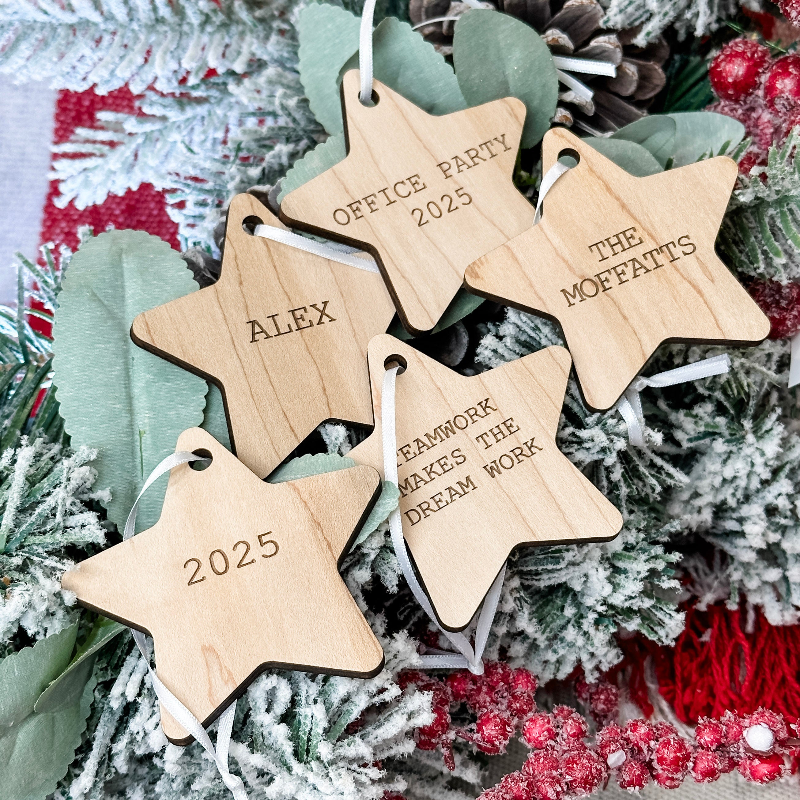 Group Order: Star Recognition Ornaments • Engraved Wood • Corporate Gifts & Team Appreciation