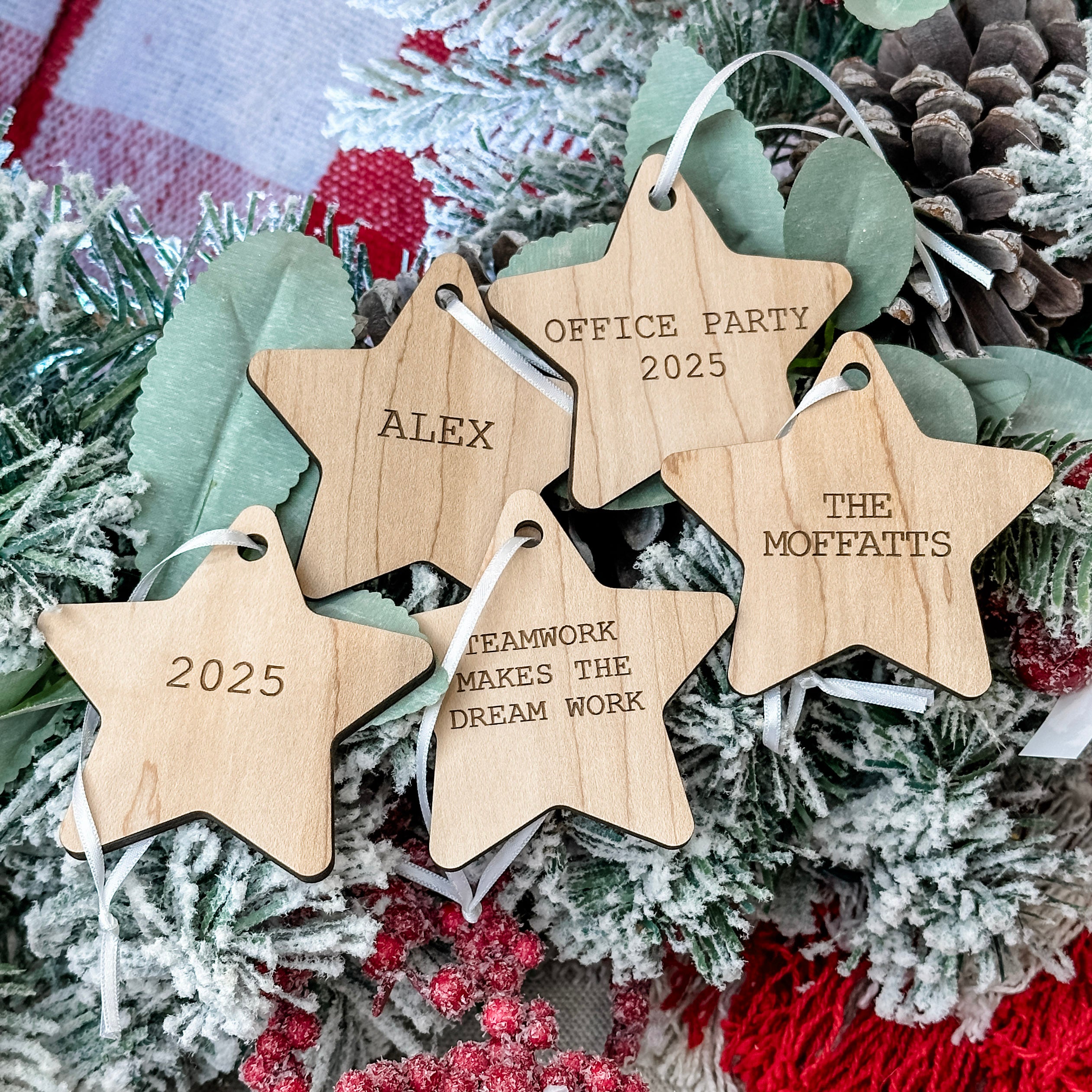 Group Order: Star Recognition Ornaments • Engraved Wood • Corporate Gifts & Team Appreciation