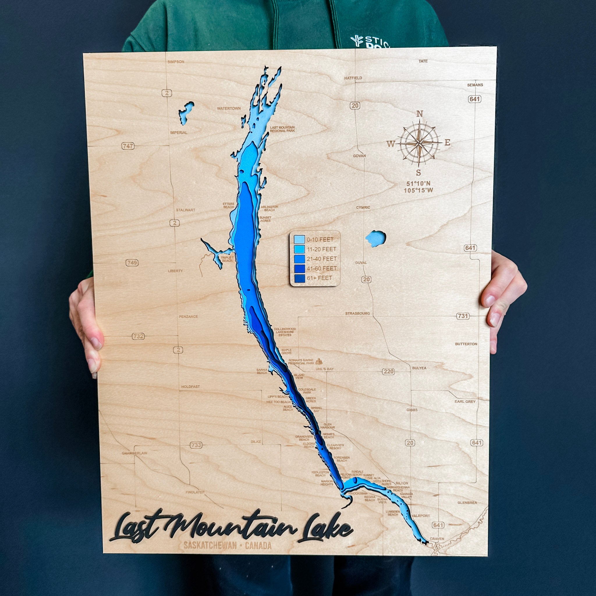 Last Mountain Lake Map • Bathymetric Layered Wood Depth Map of Long Lake • For Lake Lovers
