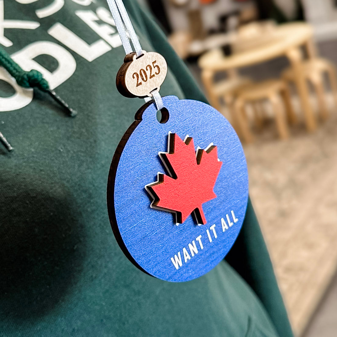 The Blue Maple Leaf • 3D Wood Ornament • For the Country that Cheers Together