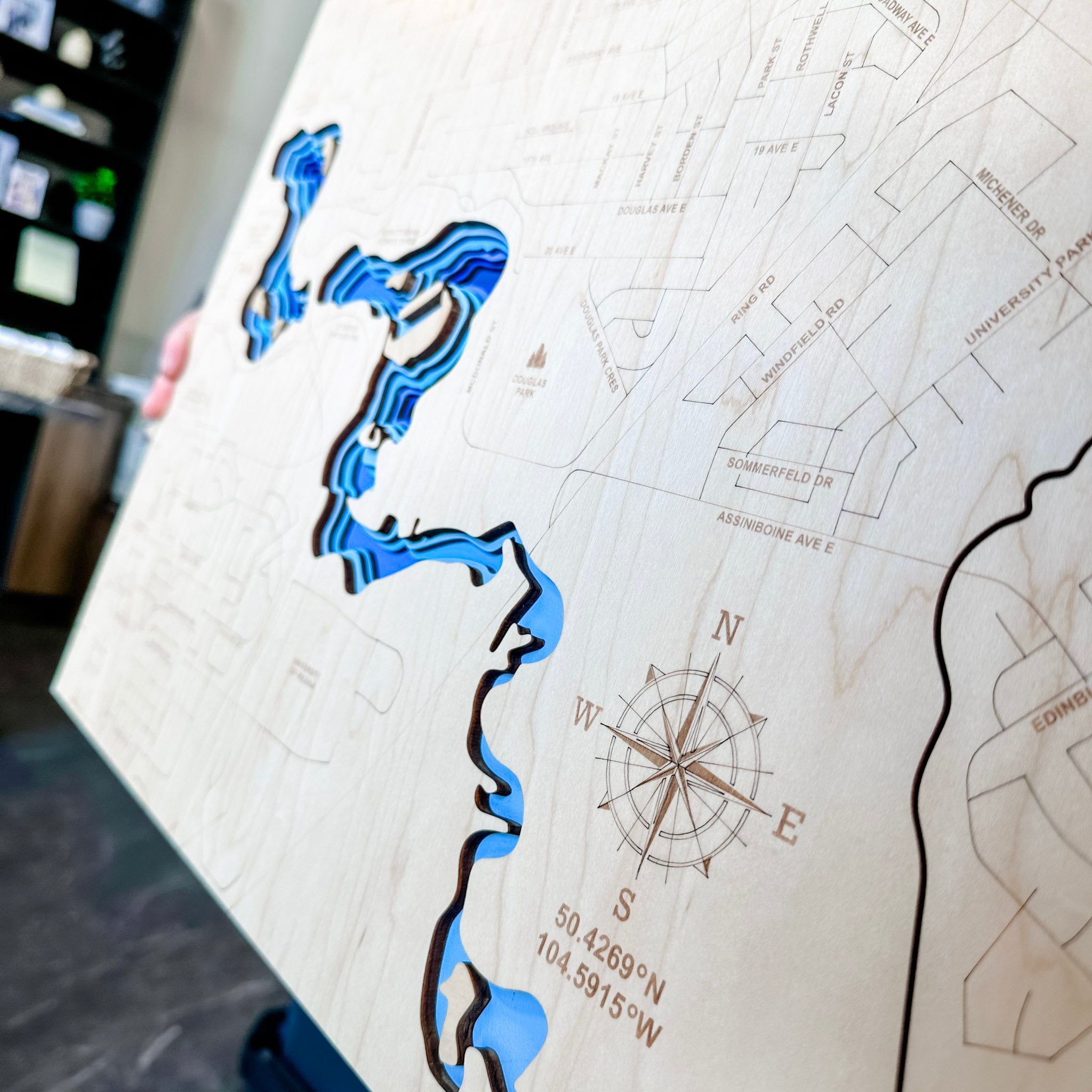 Wascana Lake Map • Bathymetric Layered Wood Depth Map • For Lake Lovers
