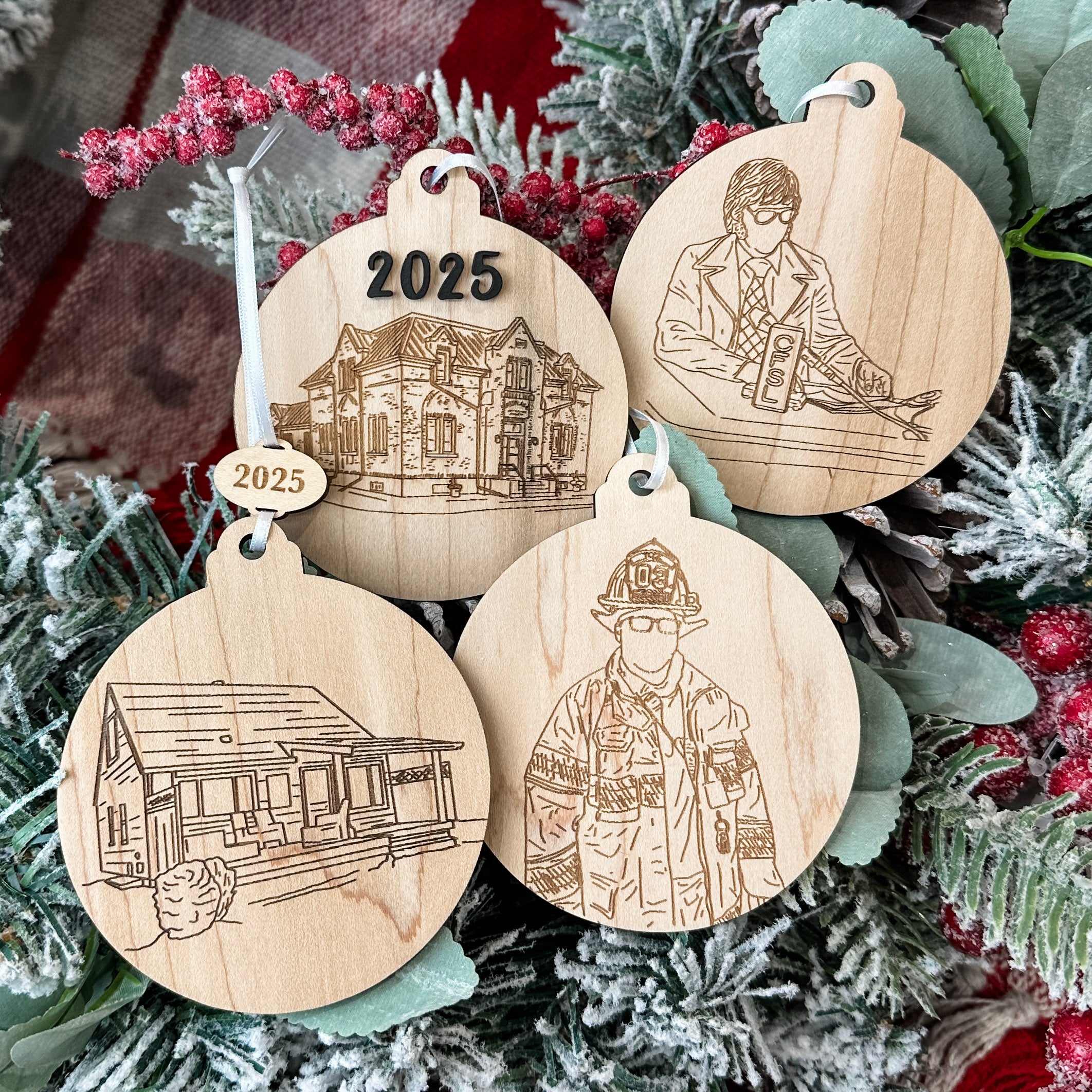 Group Order: Business Portrait Line Art • Engraved Wood Ornaments • Corporate Gifts