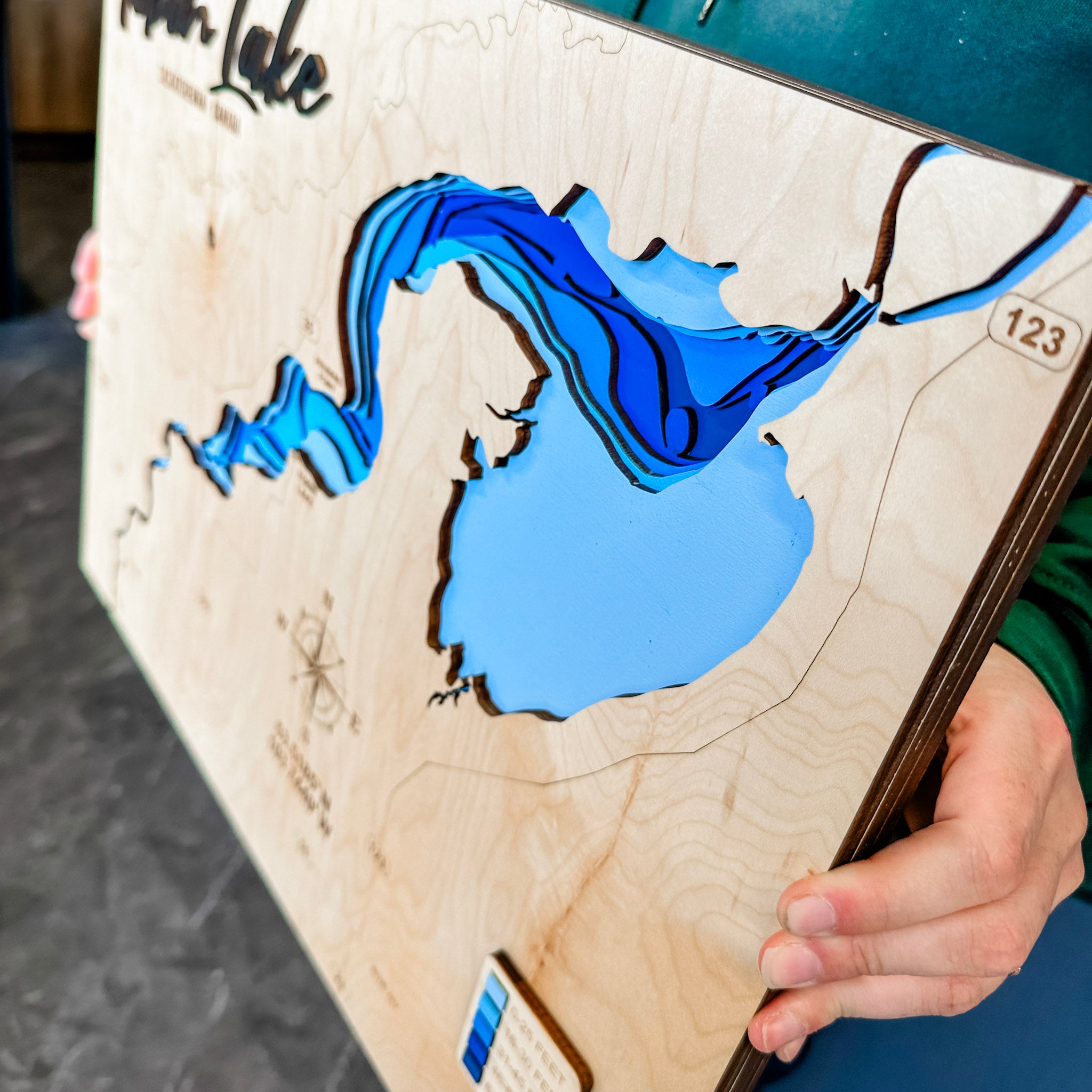 Tobin Lake Map • Bathymetric Layered Wood Depth Map • For Lake Lovers