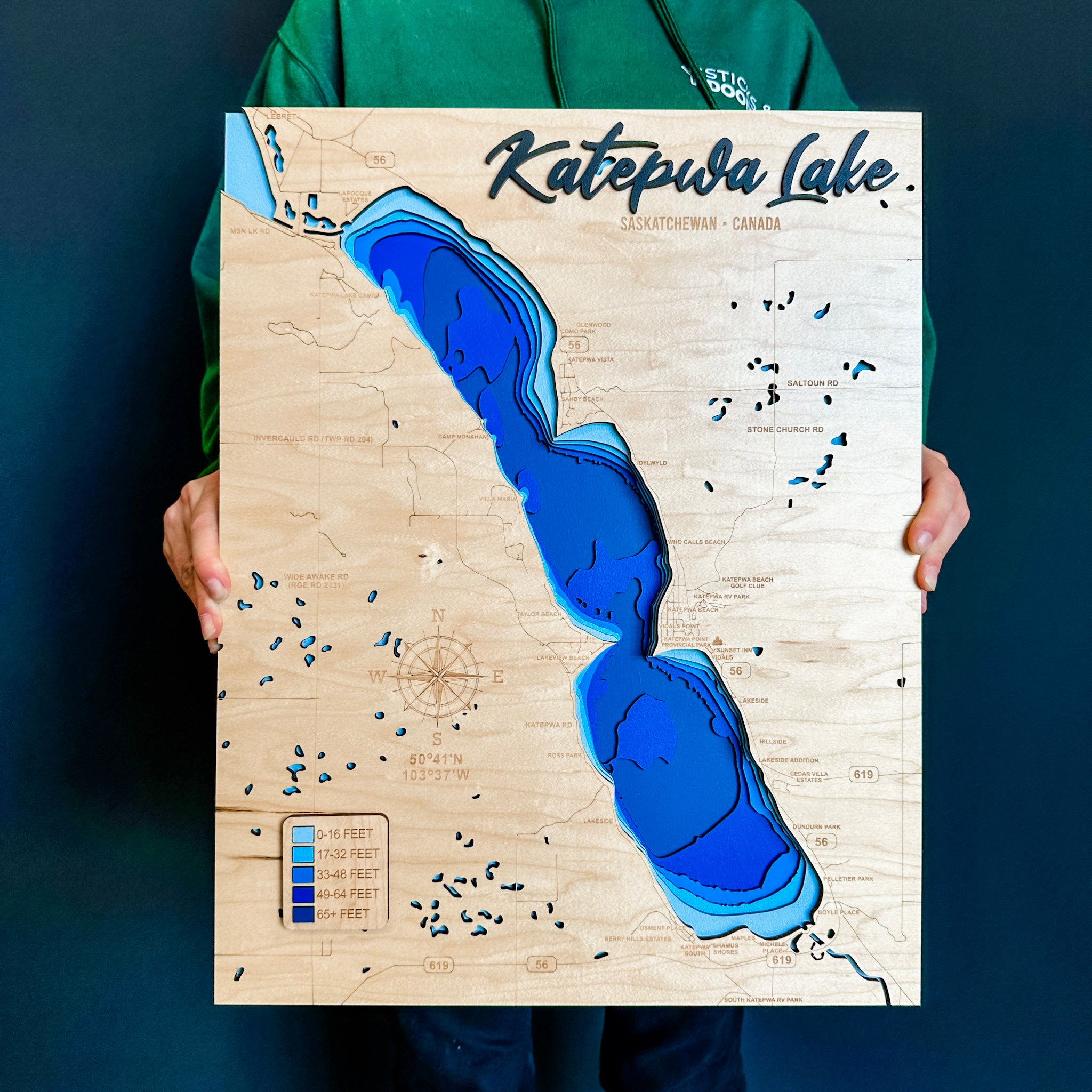 Katepwa Lake Map • Bathymetric Layered Wood Depth Map • For Lake Lovers