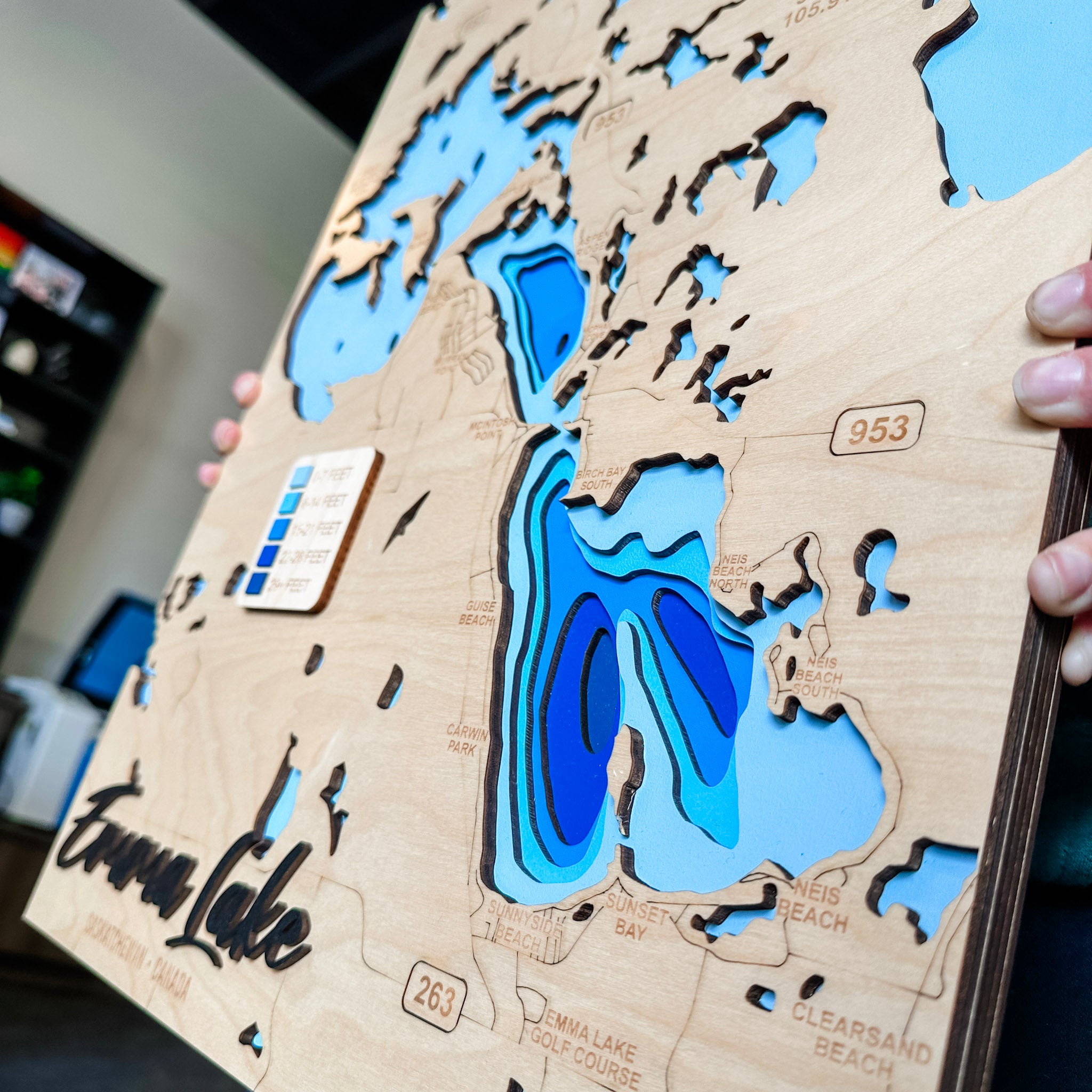 Emma Lake Map • Bathymetric Layered Wood Depth Map • For Lake Lovers