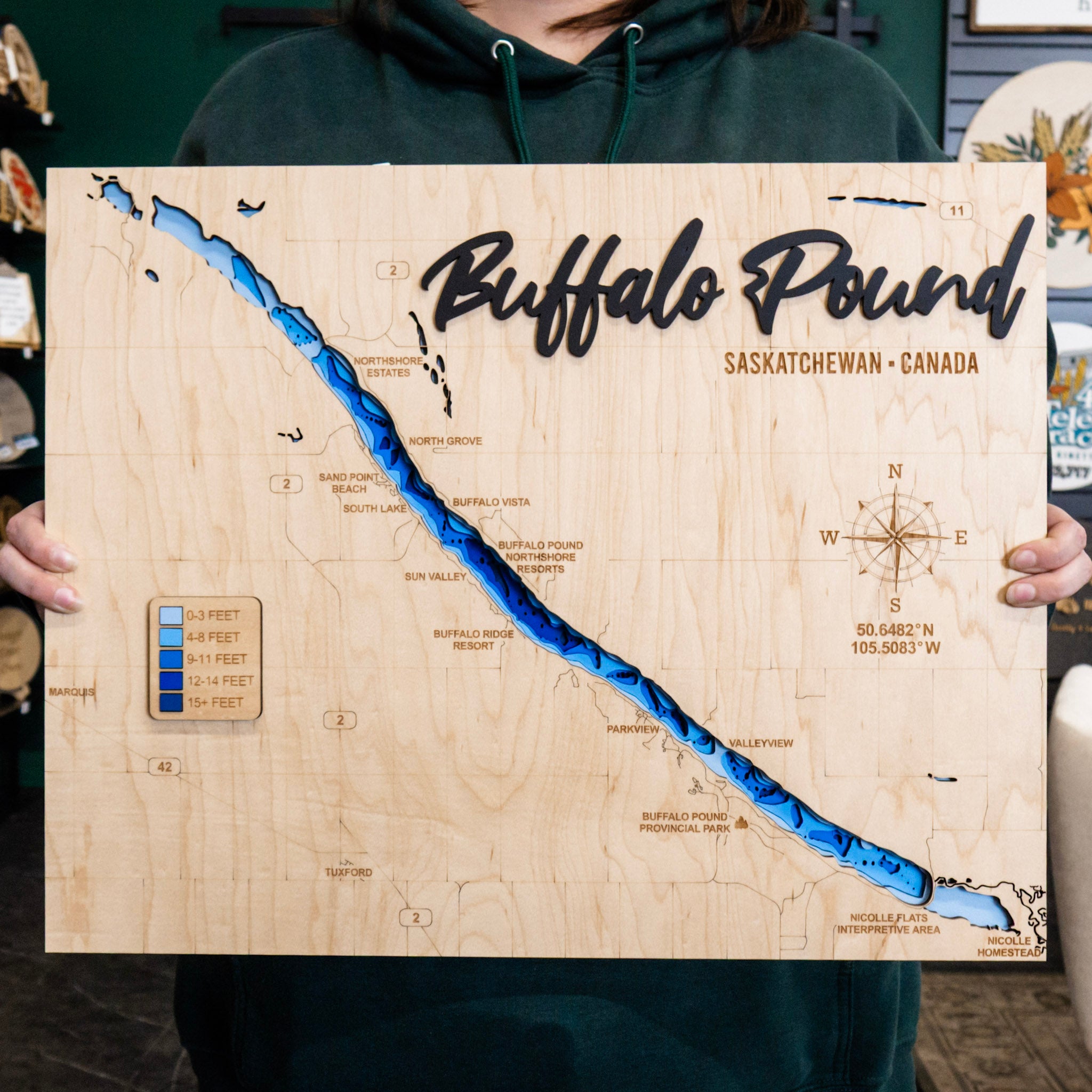 Buffalo Pound Lake Map • Bathymetric Layered Wood Depth Map • For Lake Lovers
