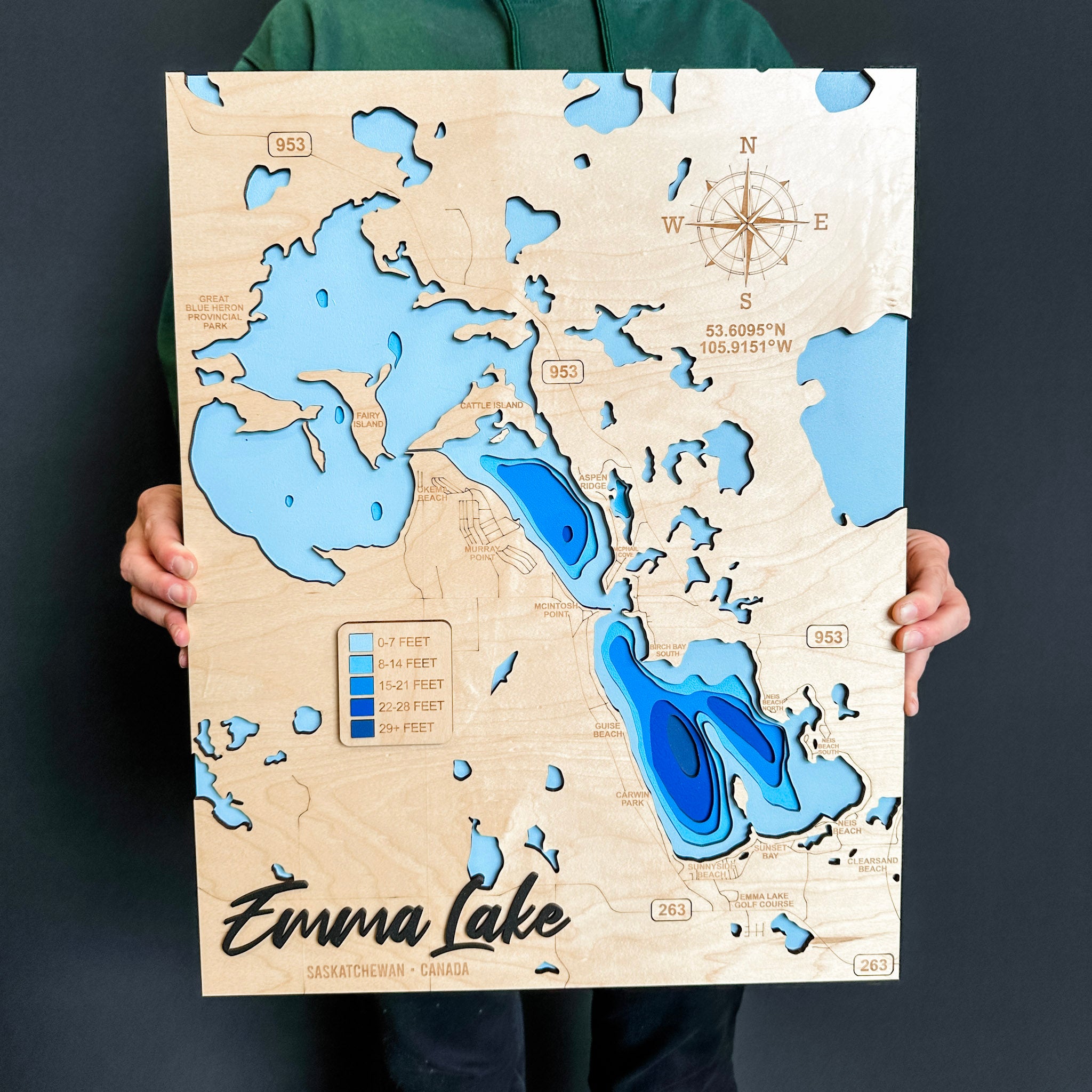 Emma Lake Map • Bathymetric Layered Wood Depth Map • For Lake Lovers