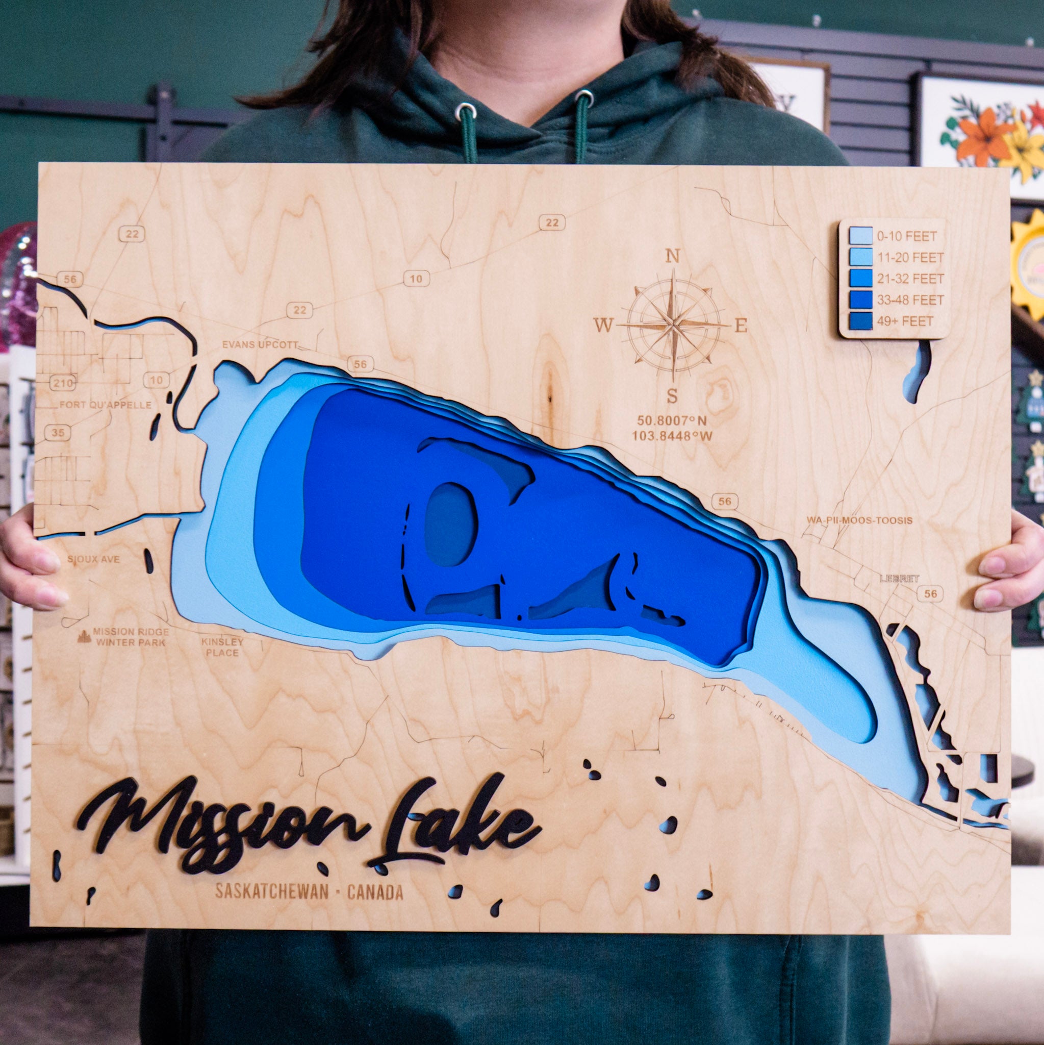 Mission Lake Map • Bathymetric Layered Wood Depth Map • For Lake Lovers