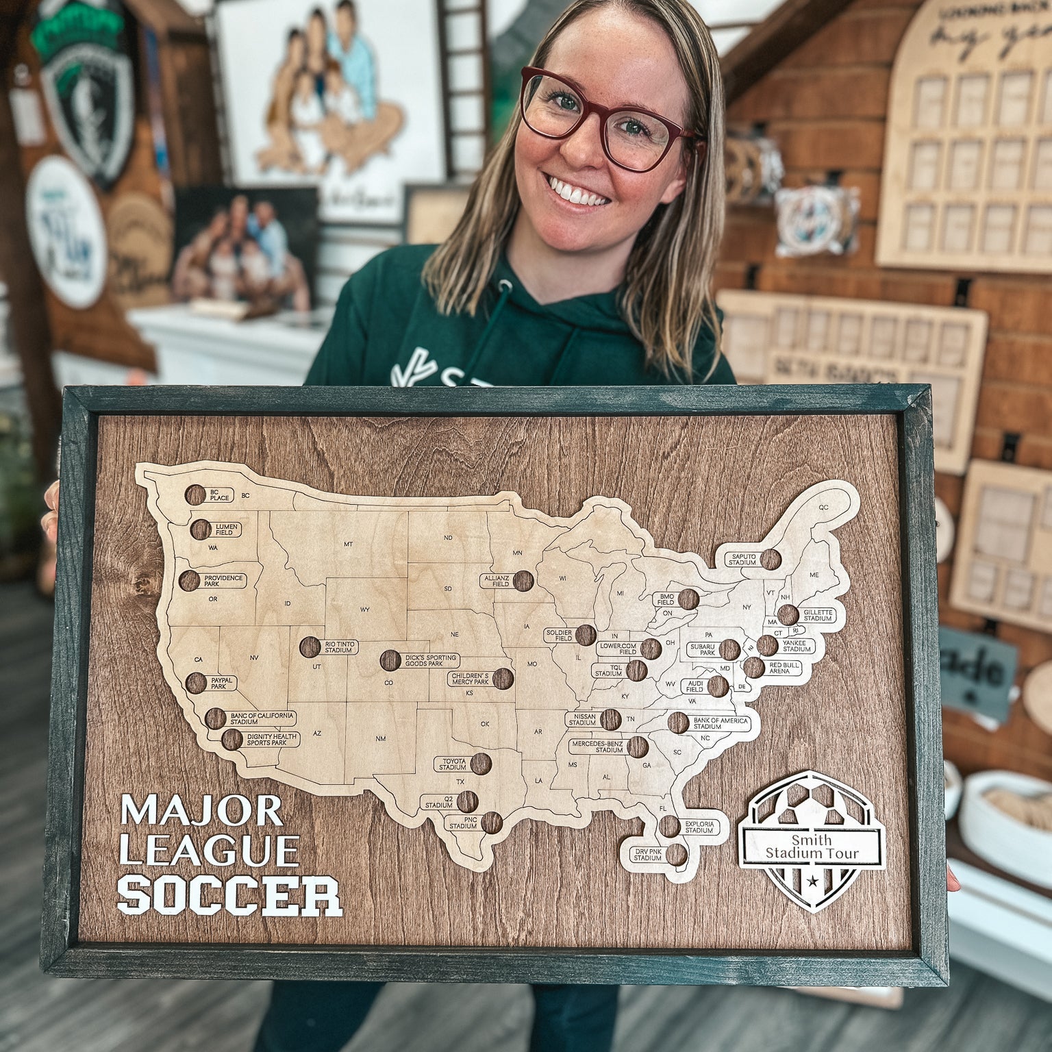 Sport Stadium Travel Map • Solid Wood Frame Sign • For Sport Fans