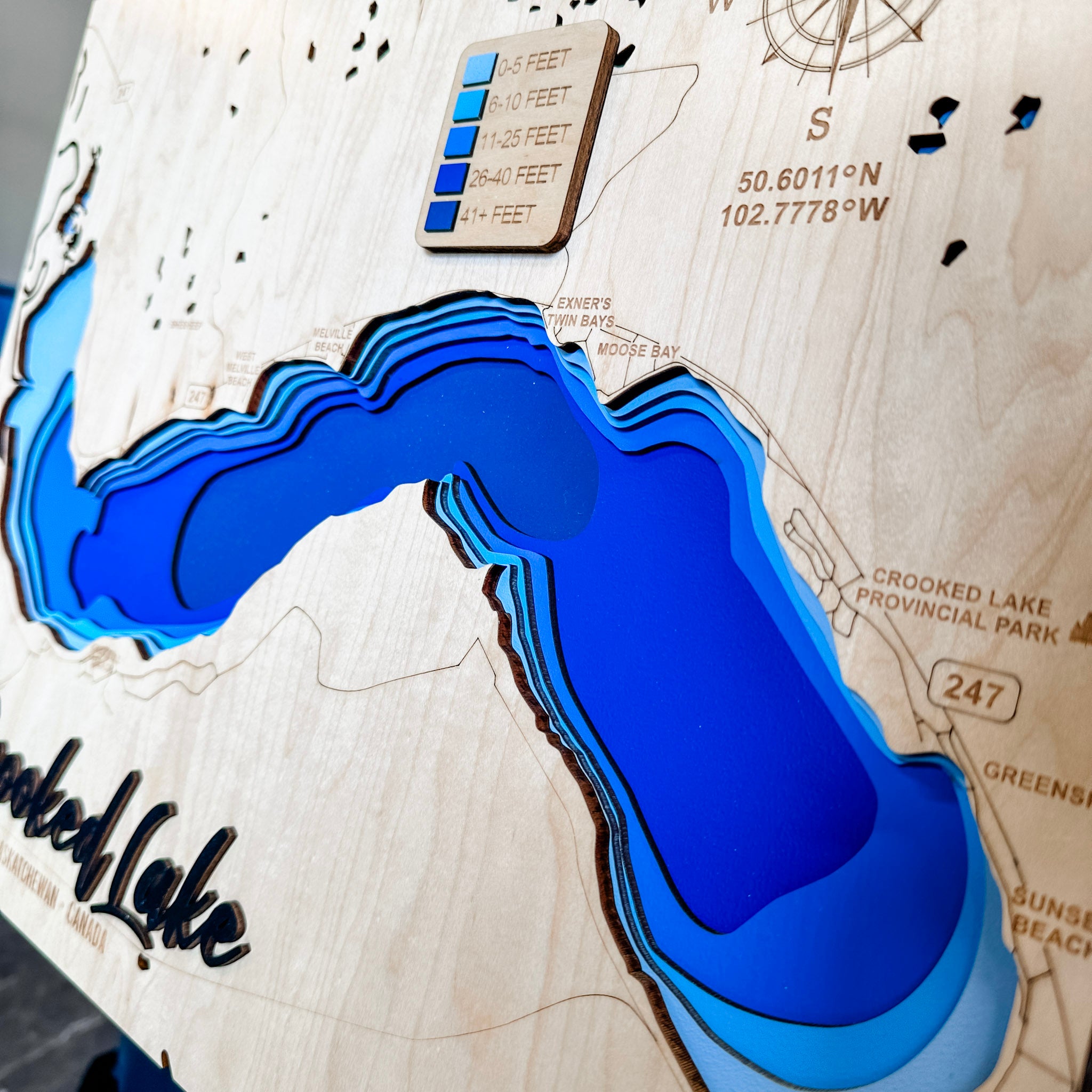 Crooked Lake Map • Bathymetric Layered Wood Depth Map • For Lake Lovers