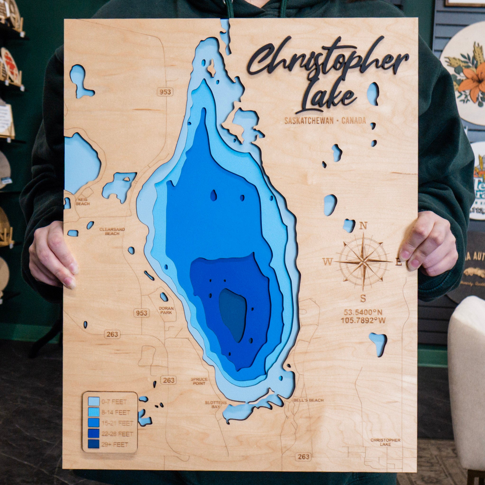 Christopher Lake Map • Bathymetric Layered Wood Depth Map • For Lake Lovers