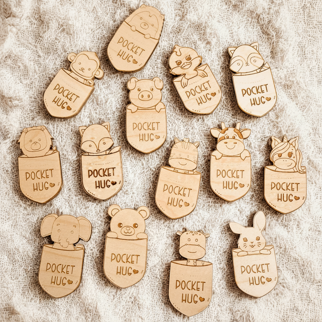Wooden 'Pocket Hug' pins with animal designs on a textured fabric background