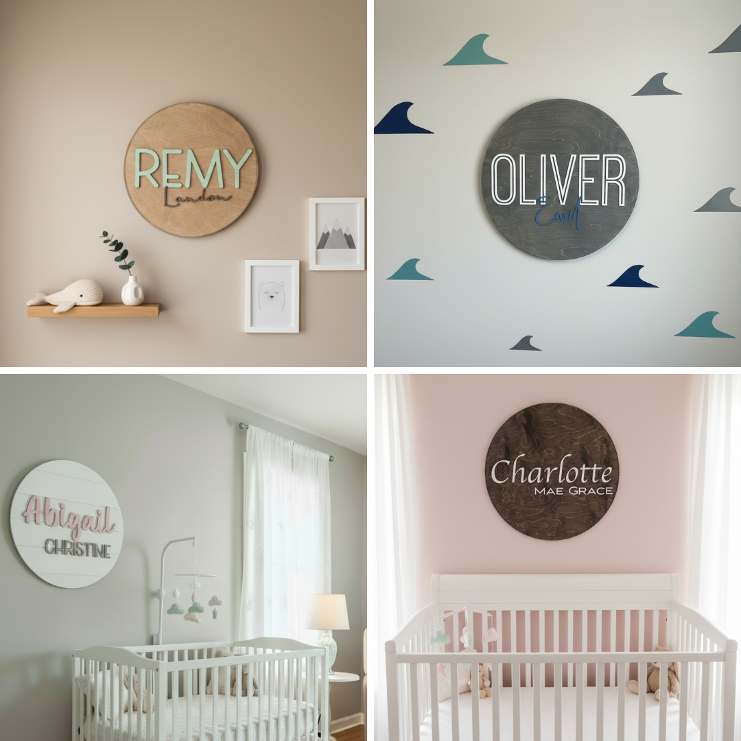 Round Wood Nursery Name Sign for Kids’ Rooms