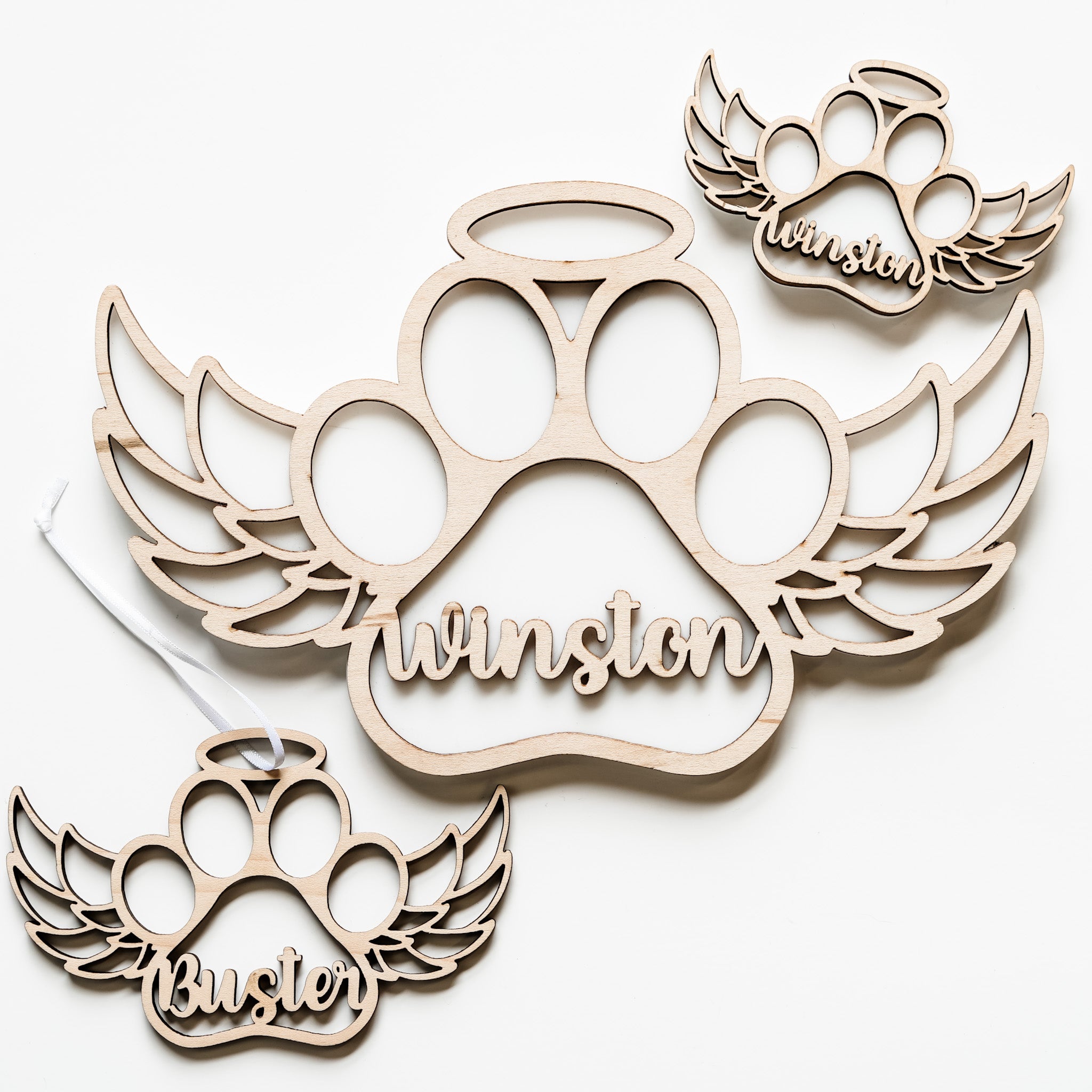 Personalized Pet Angel Wings Memorial • Wood Ornament, Magnet, or Mini Sign • For Pet Loss